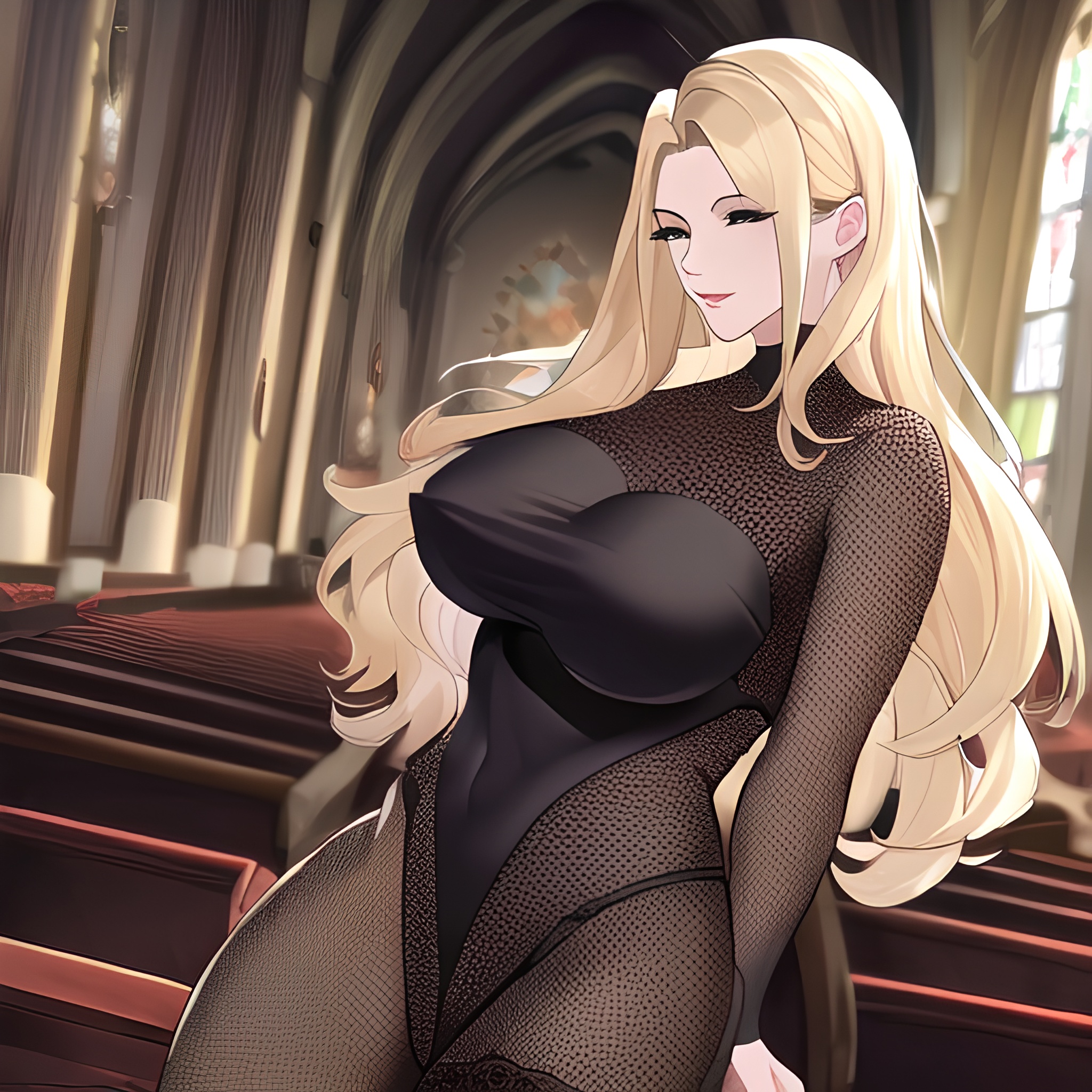 church fishnet front view small boobs long hair blonde woman nude 