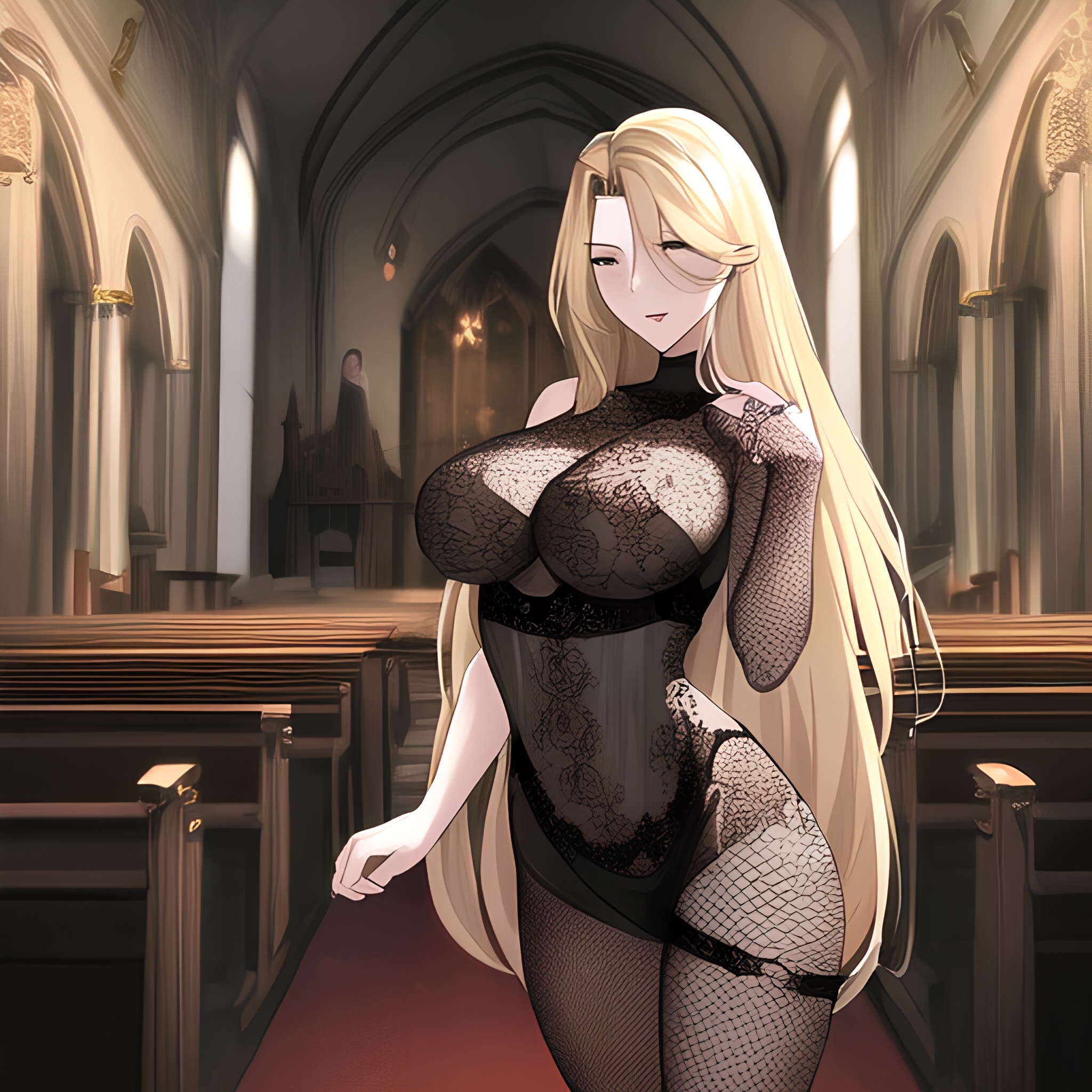 church fishnet long hair front view nude blonde woman small boobs 