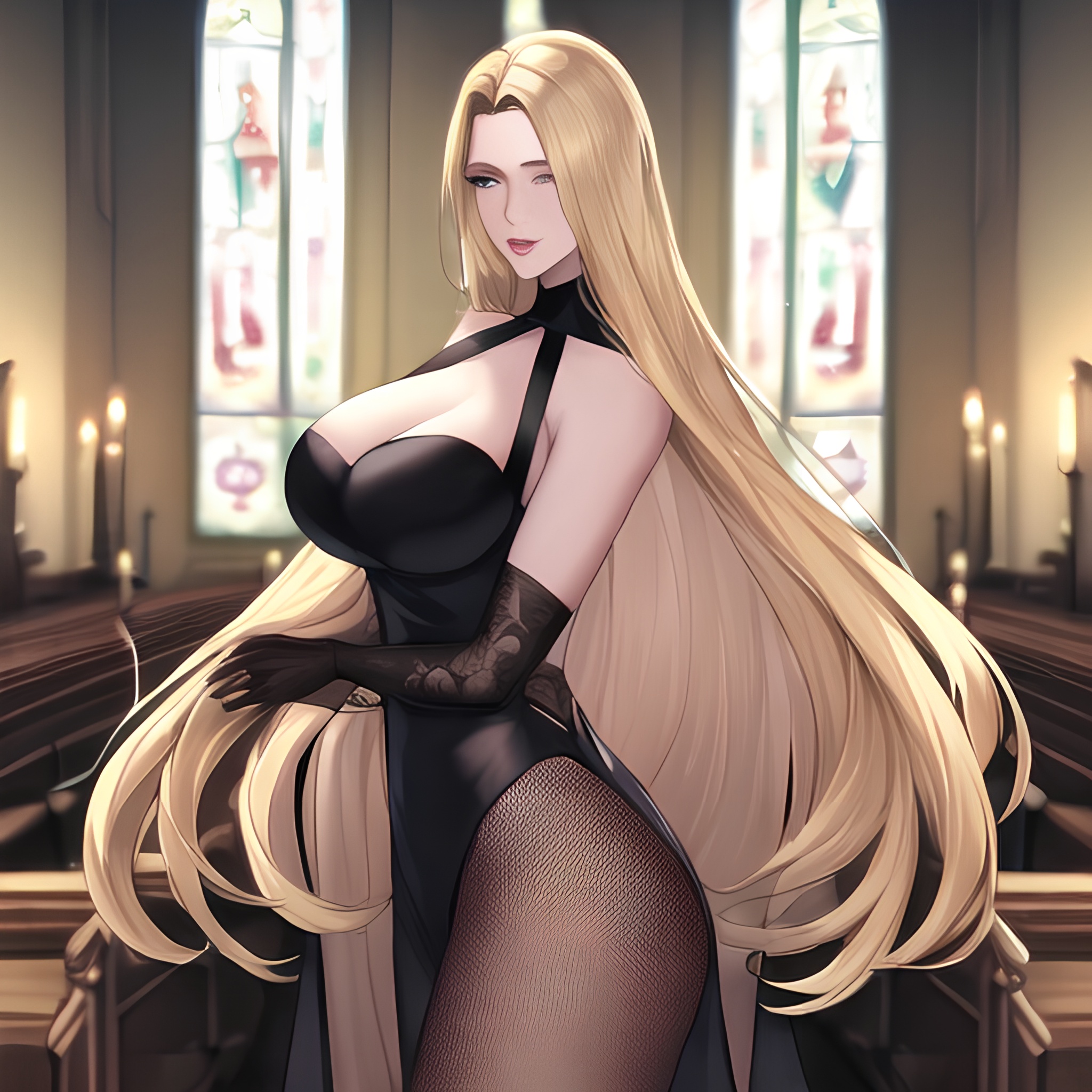 church fishnet long hair woman nude blonde front view small boobs