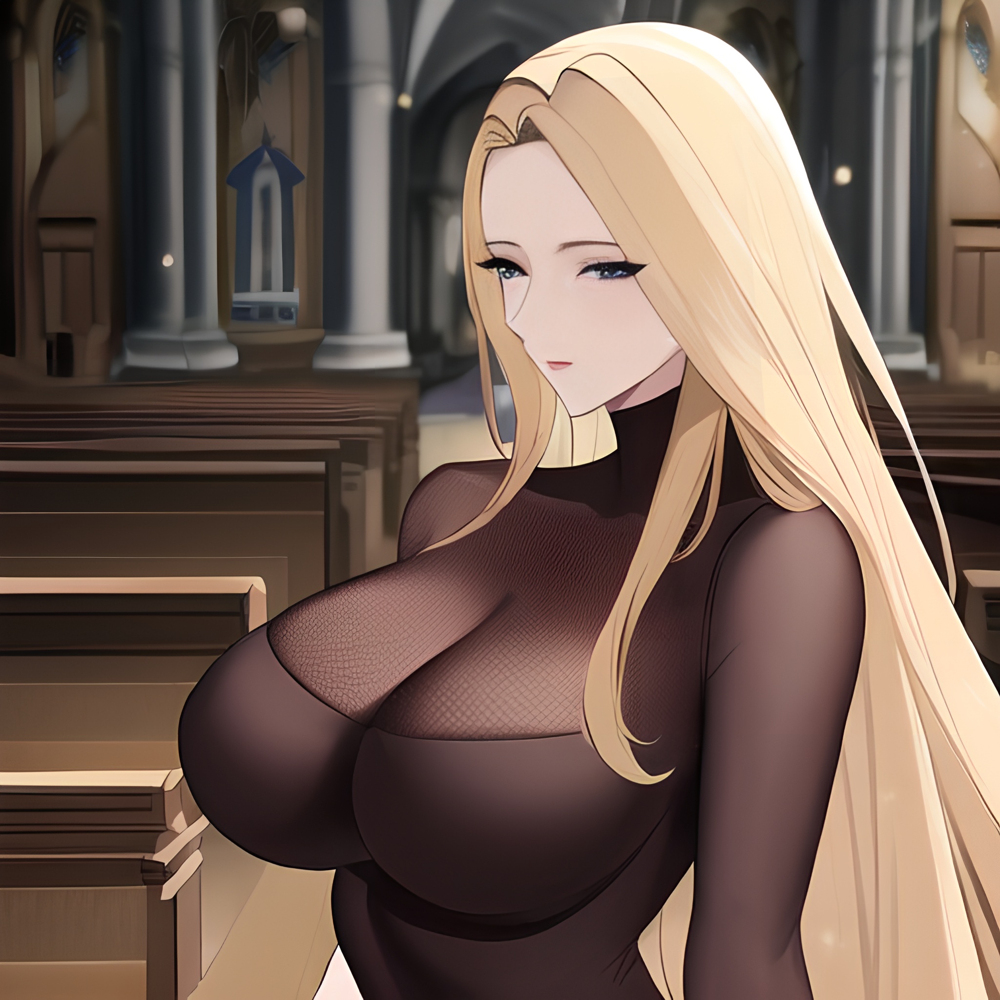 church fishnet small boobs long hair nude blonde woman front view 