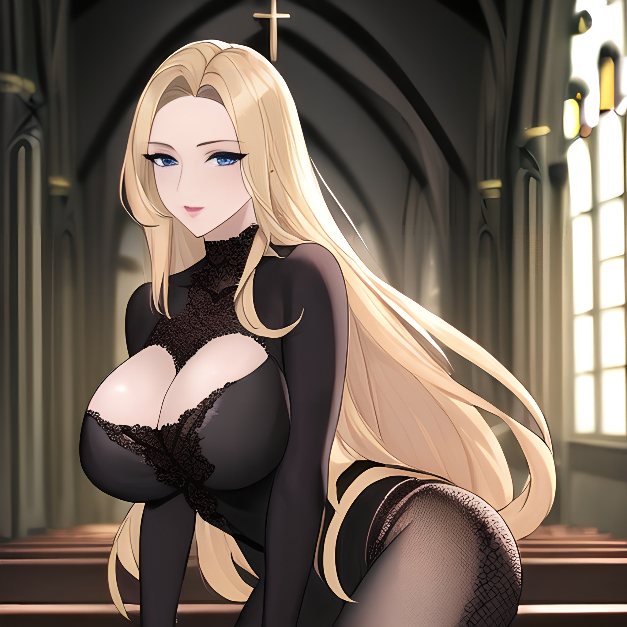 church fishnet small boobs woman long hair front view nude blonde 