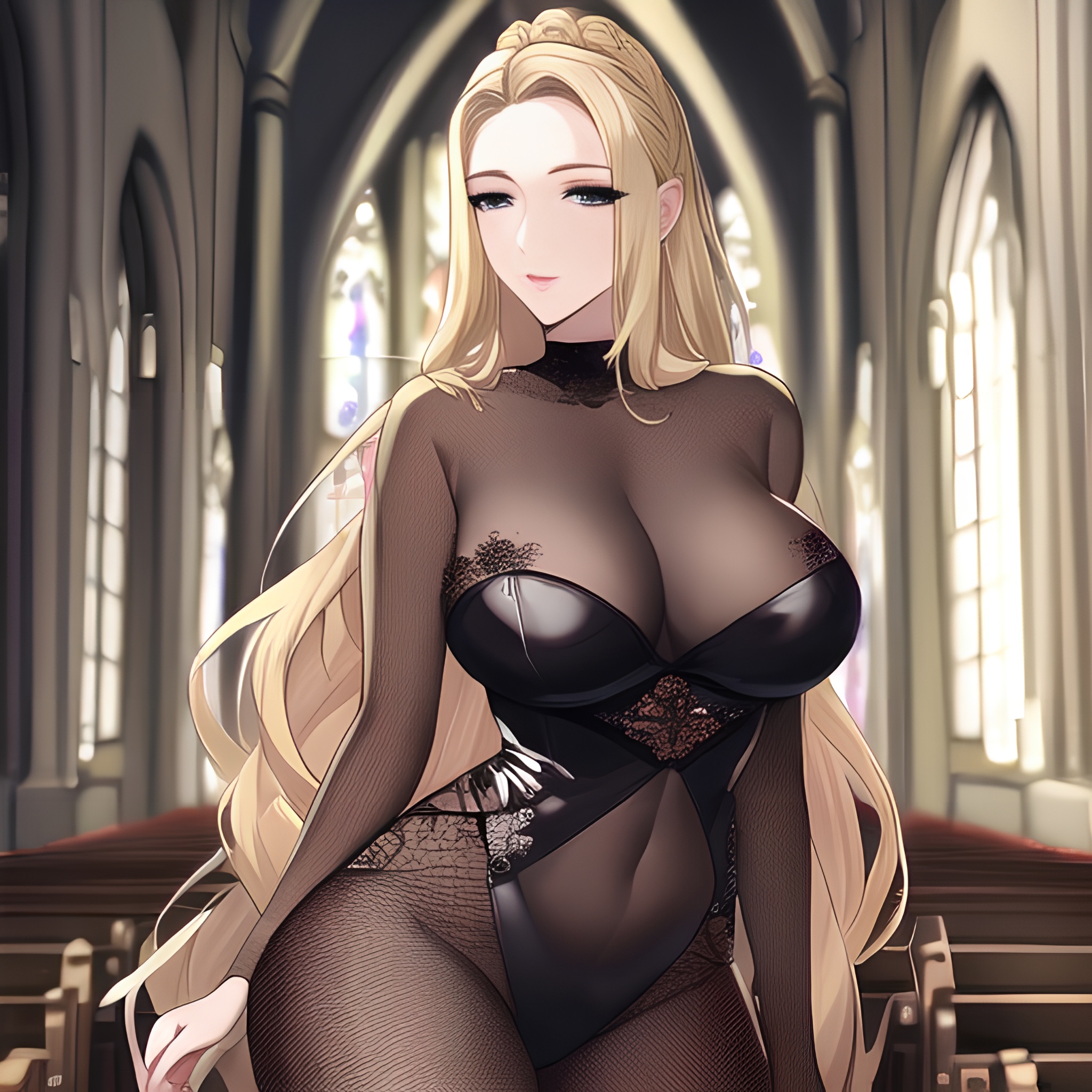 church fishnet woman nude blonde long hair small boobs front view 
