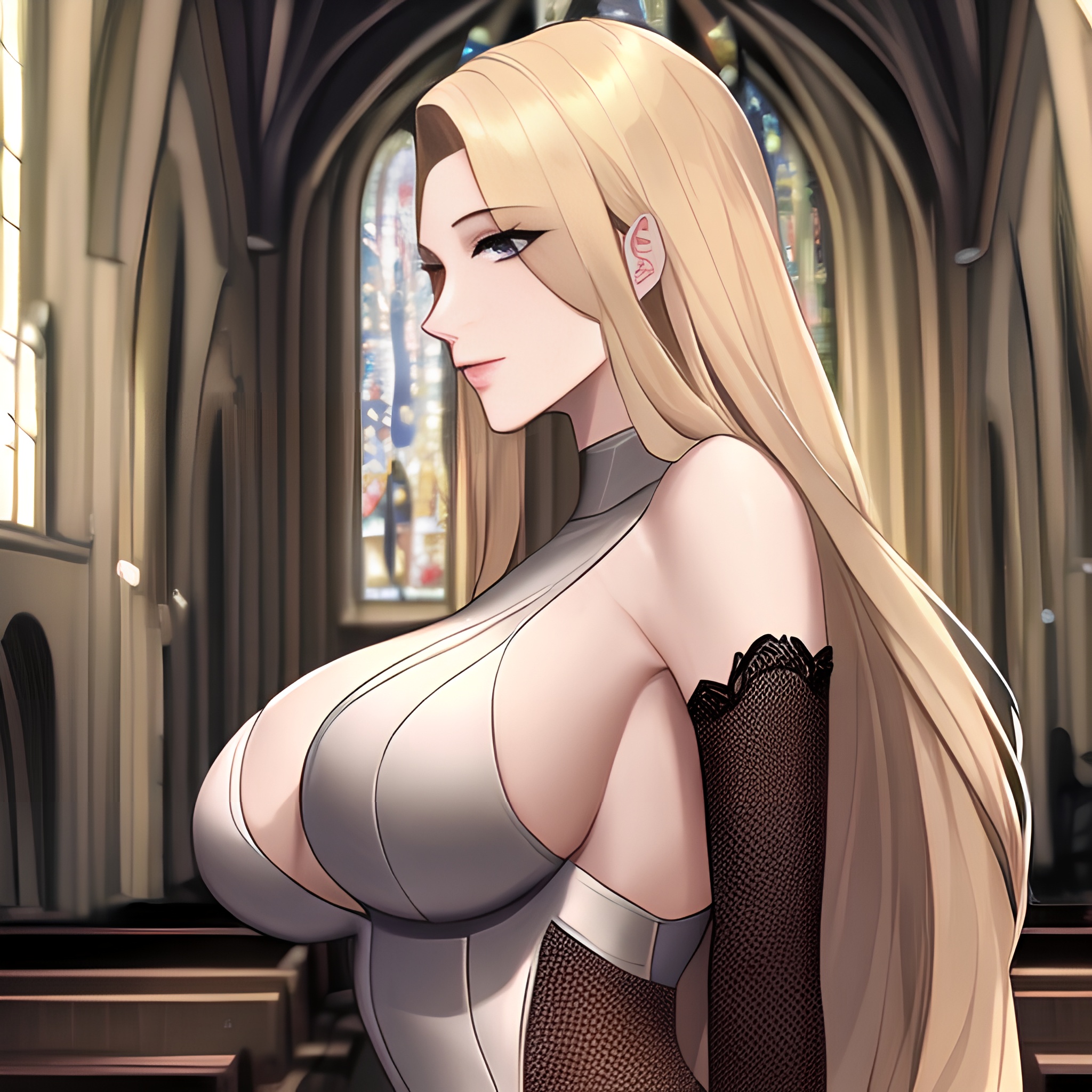 church fishnet woman small boobs long hair front view blonde nude 