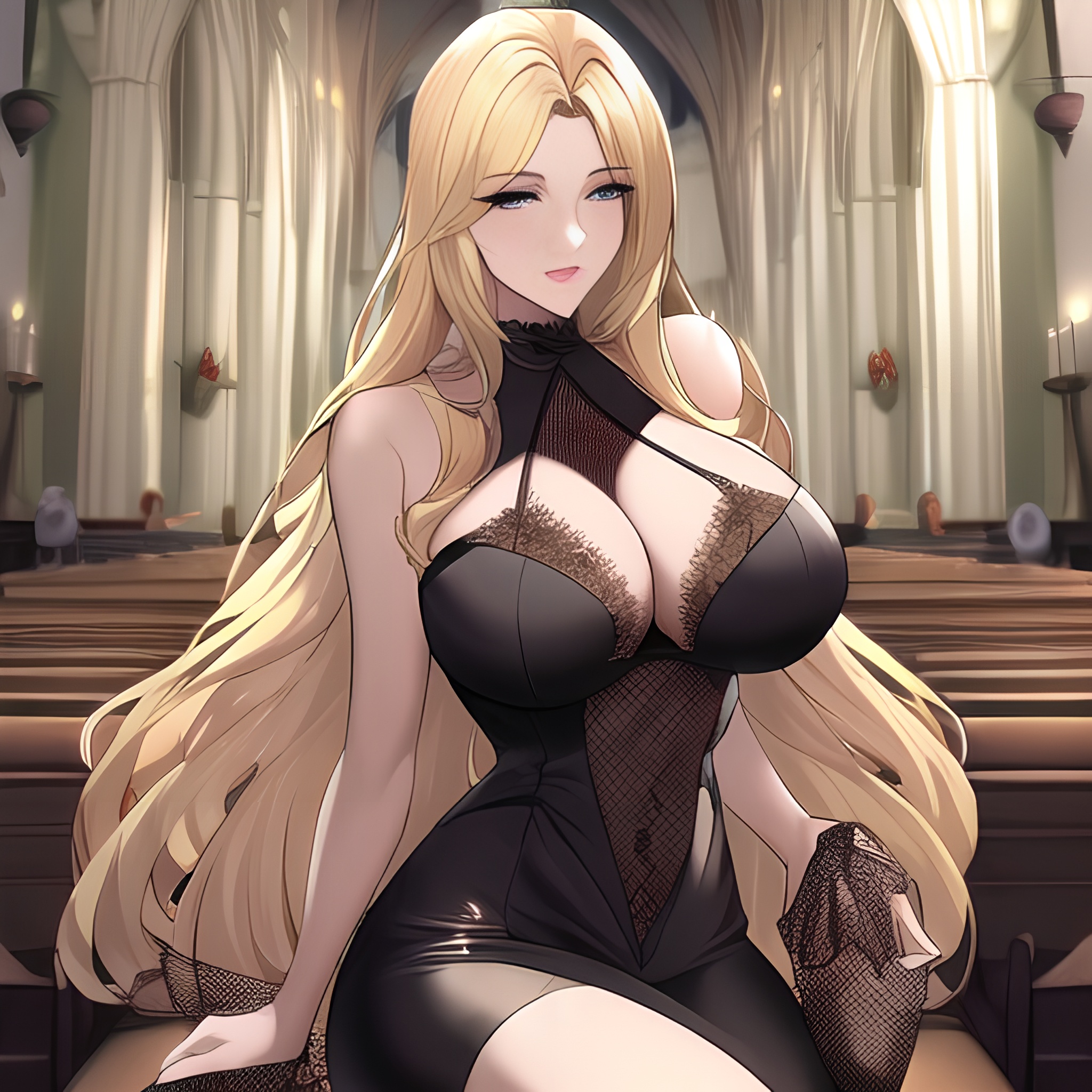 church front view blonde fishnet long hair woman nude small boobs 