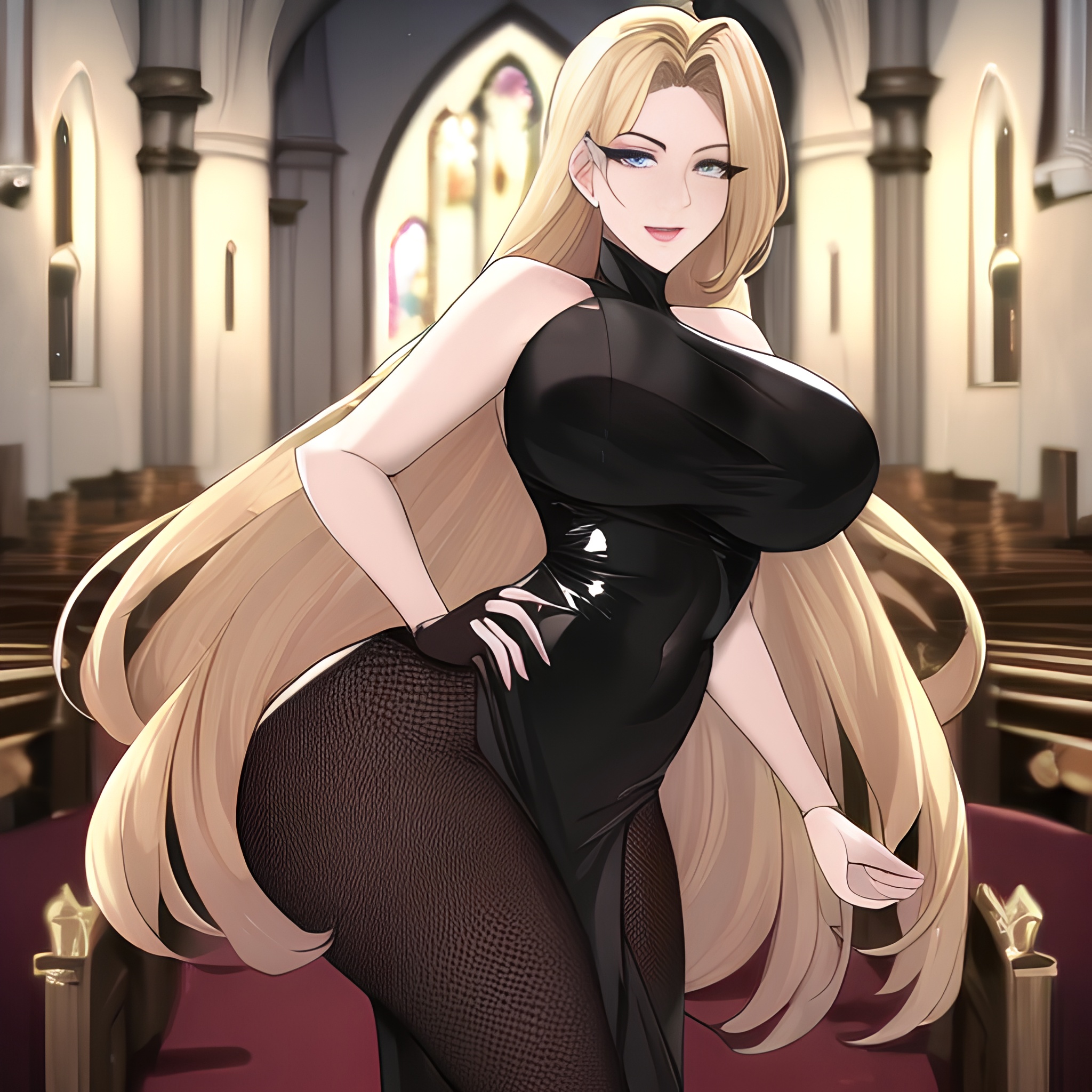 church front view fishnet blonde woman long hair nude small boobs 