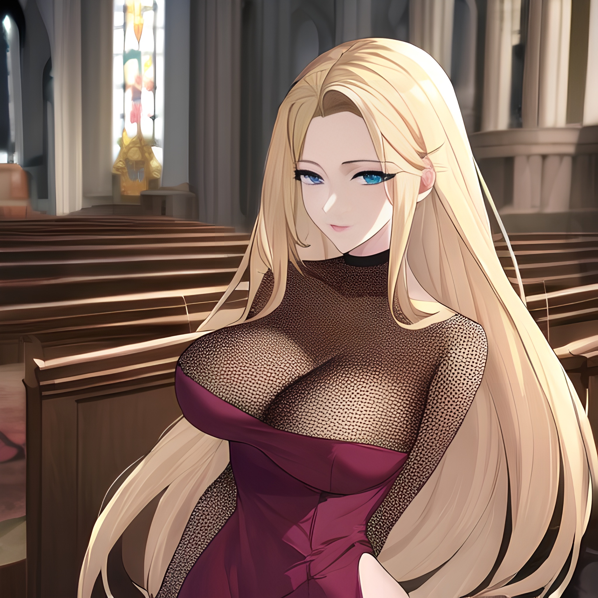 church front view fishnet nude small boobs blonde long hair woman 