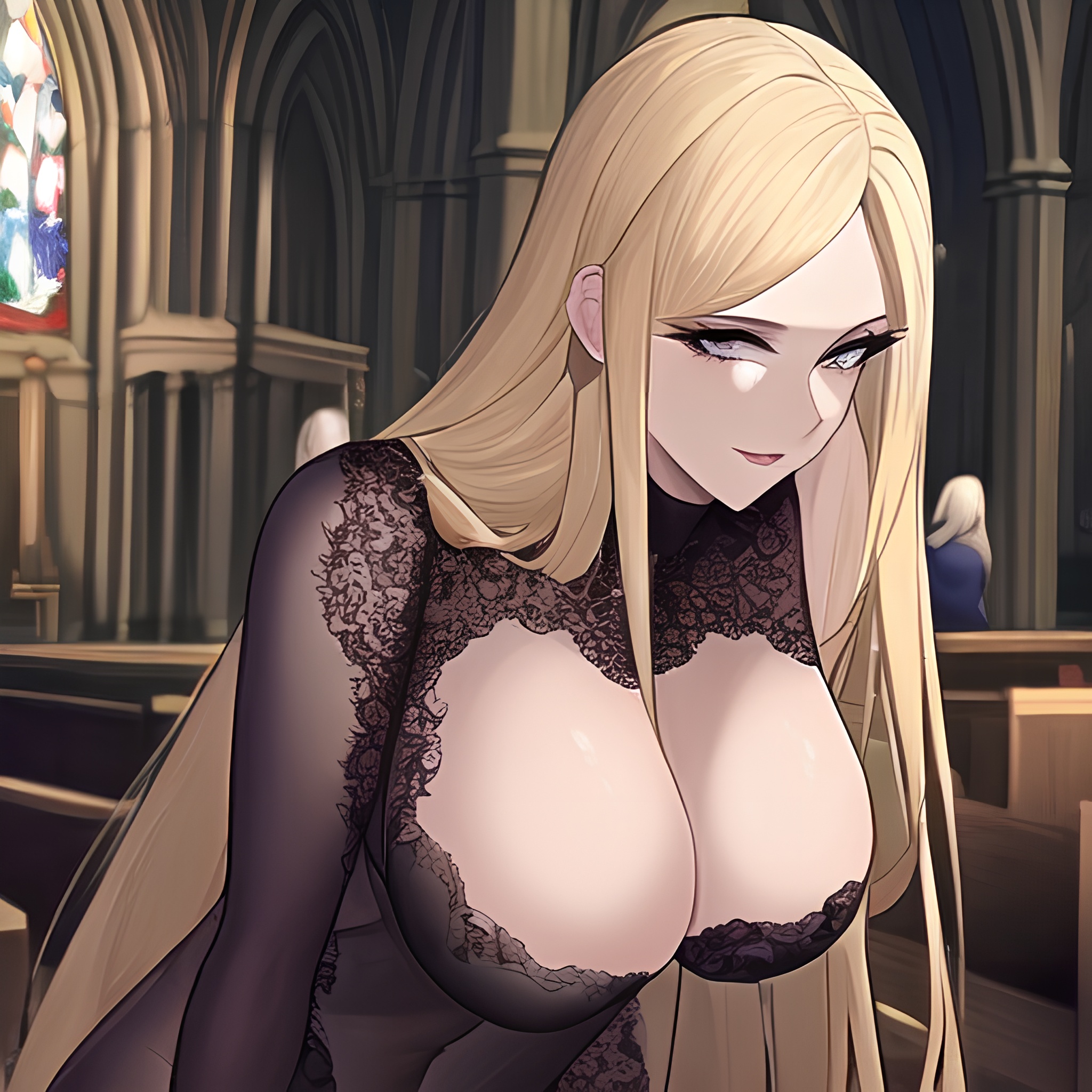 church front view fishnet woman small boobs nude long hair blonde 