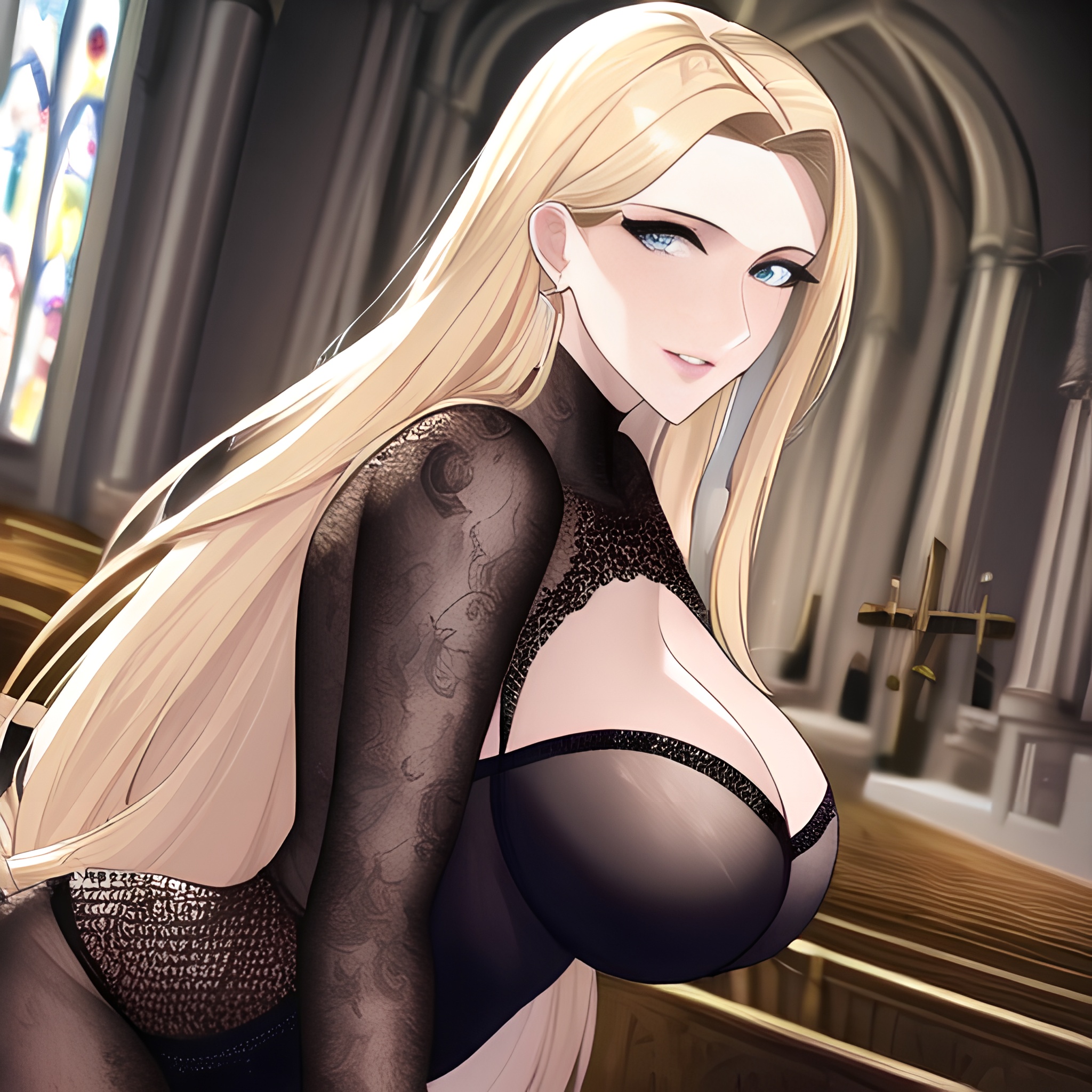church front view long hair fishnet blonde small boobs woman nude 