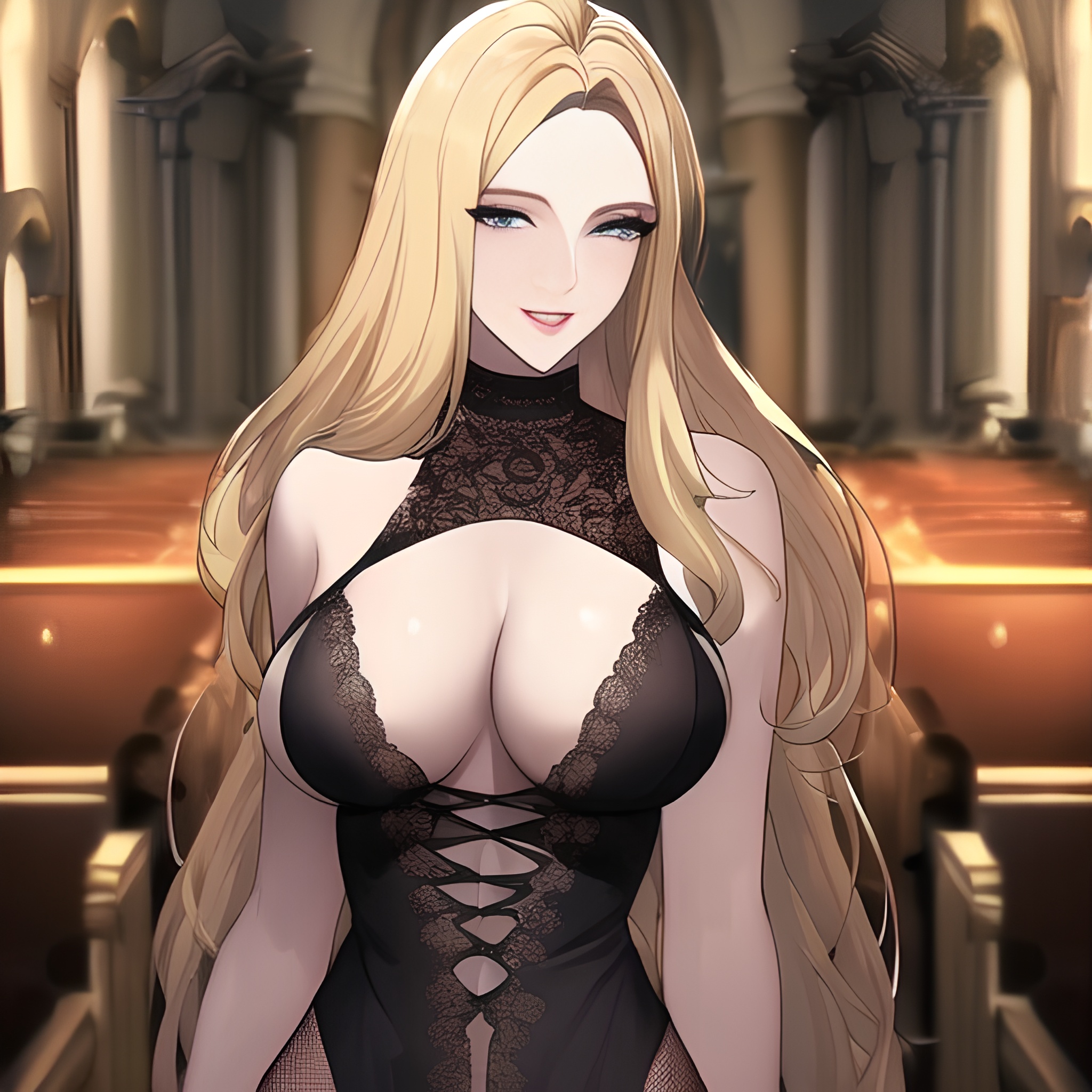 church front view long hair fishnet blonde woman nude small boobs