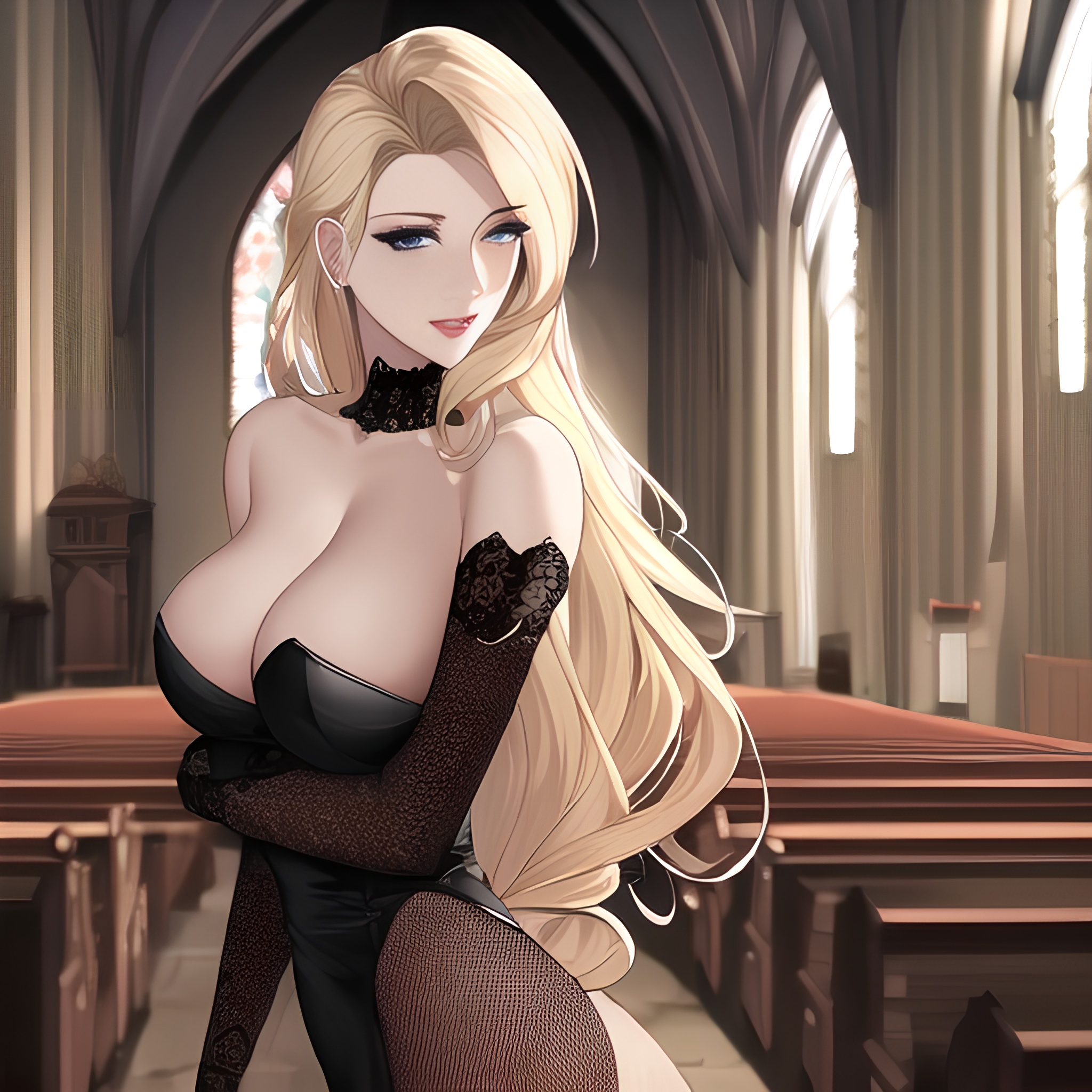 church front view long hair fishnet nude small boobs blonde woman