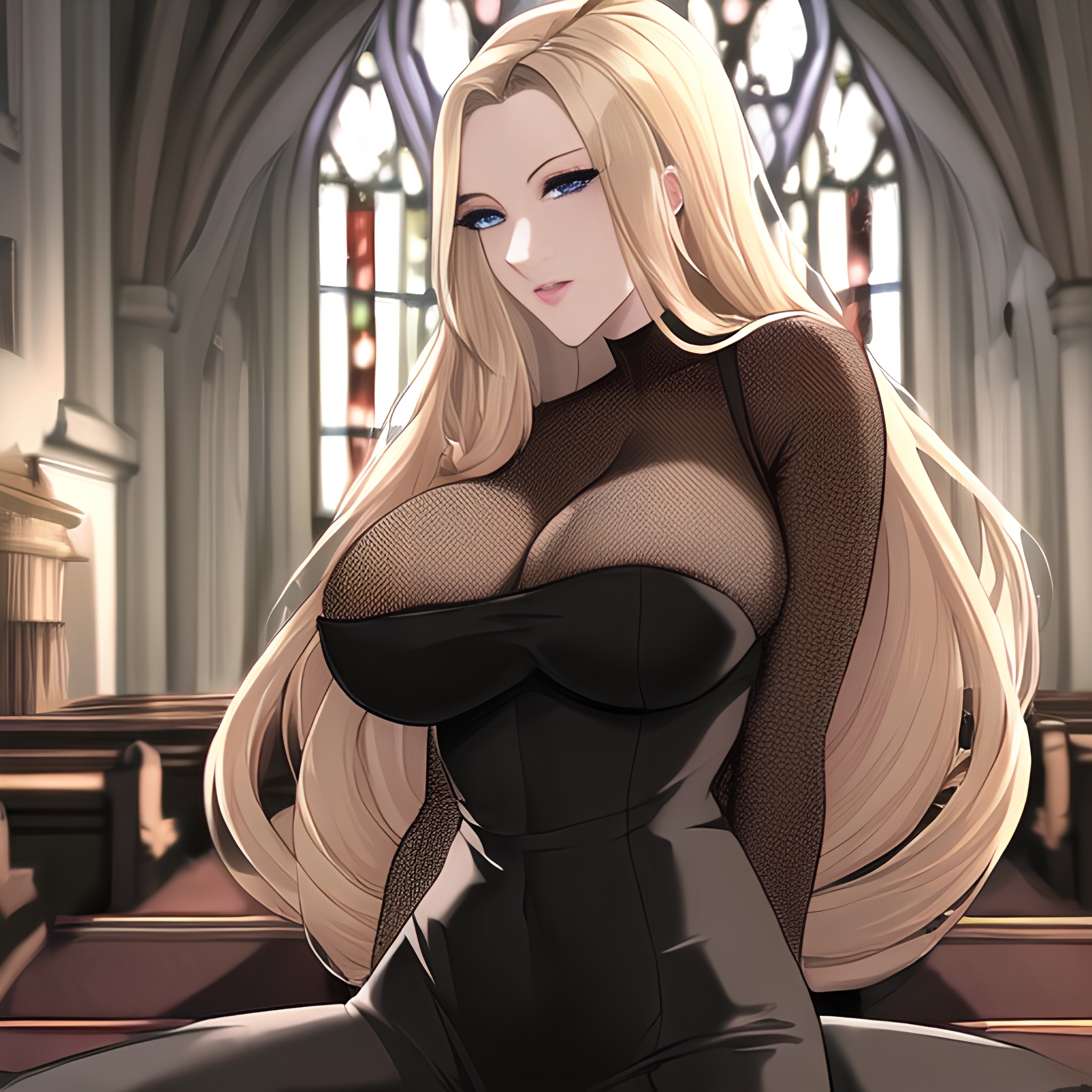 church front view long hair nude woman blonde fishnet small boobs 