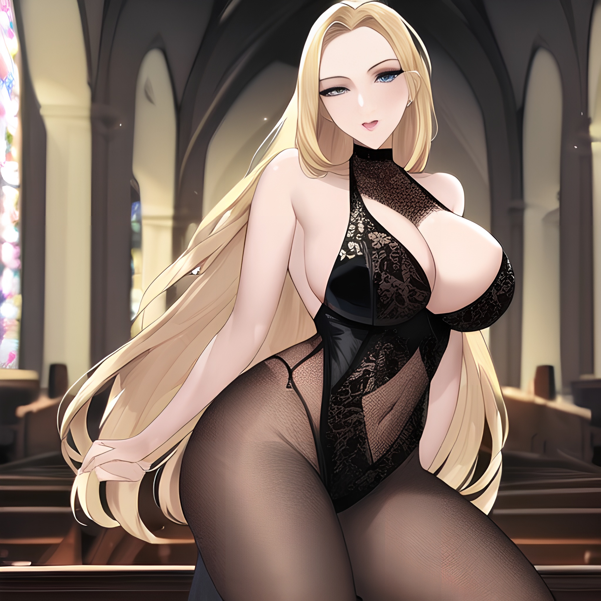 church front view long hair small boobs blonde nude fishnet woman 