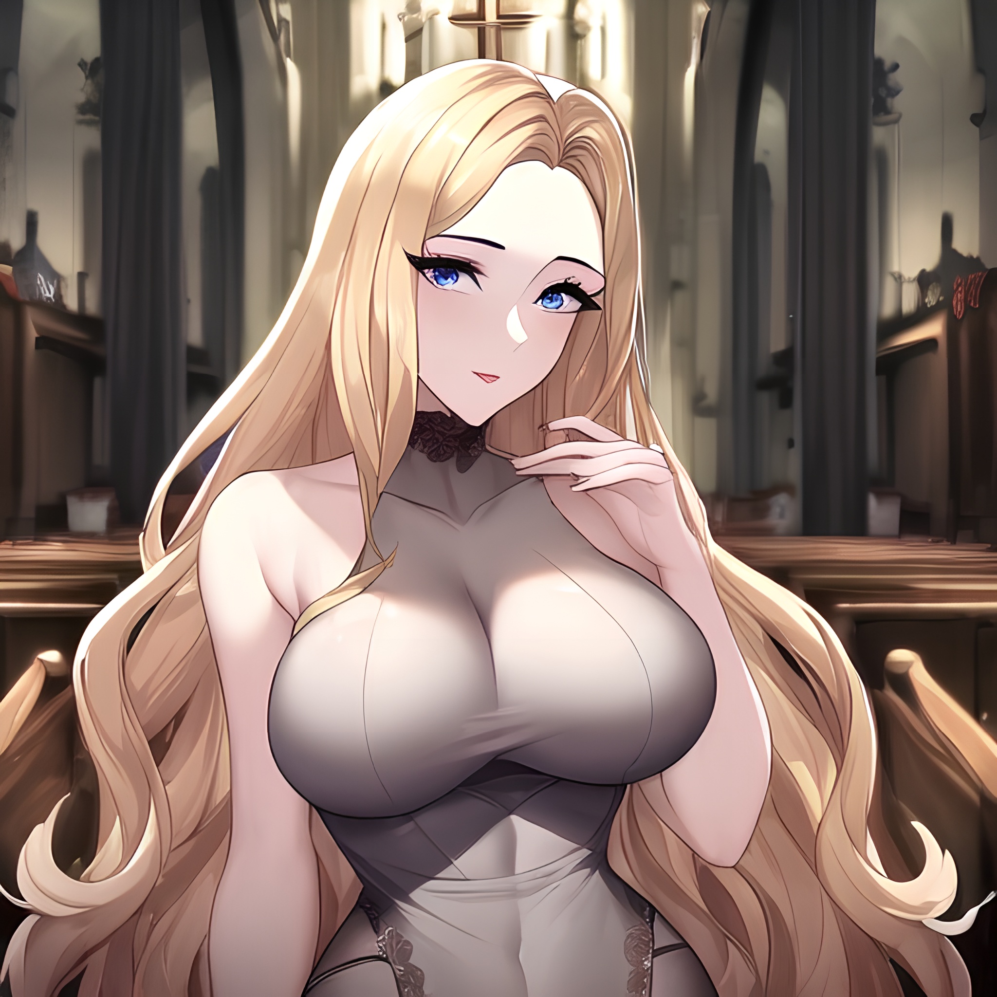 church front view long hair small boobs nude fishnet blonde woman 