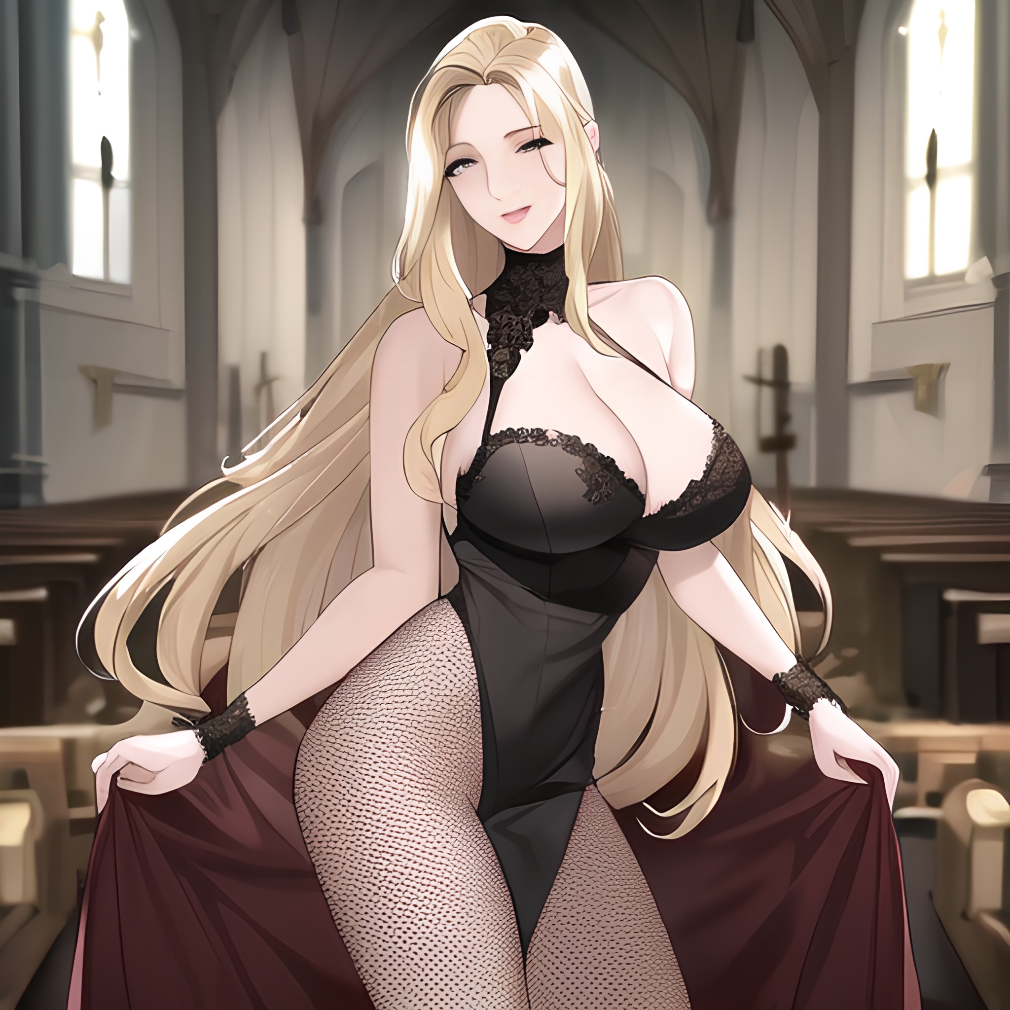 church front view nude blonde small boobs fishnet woman long hair 