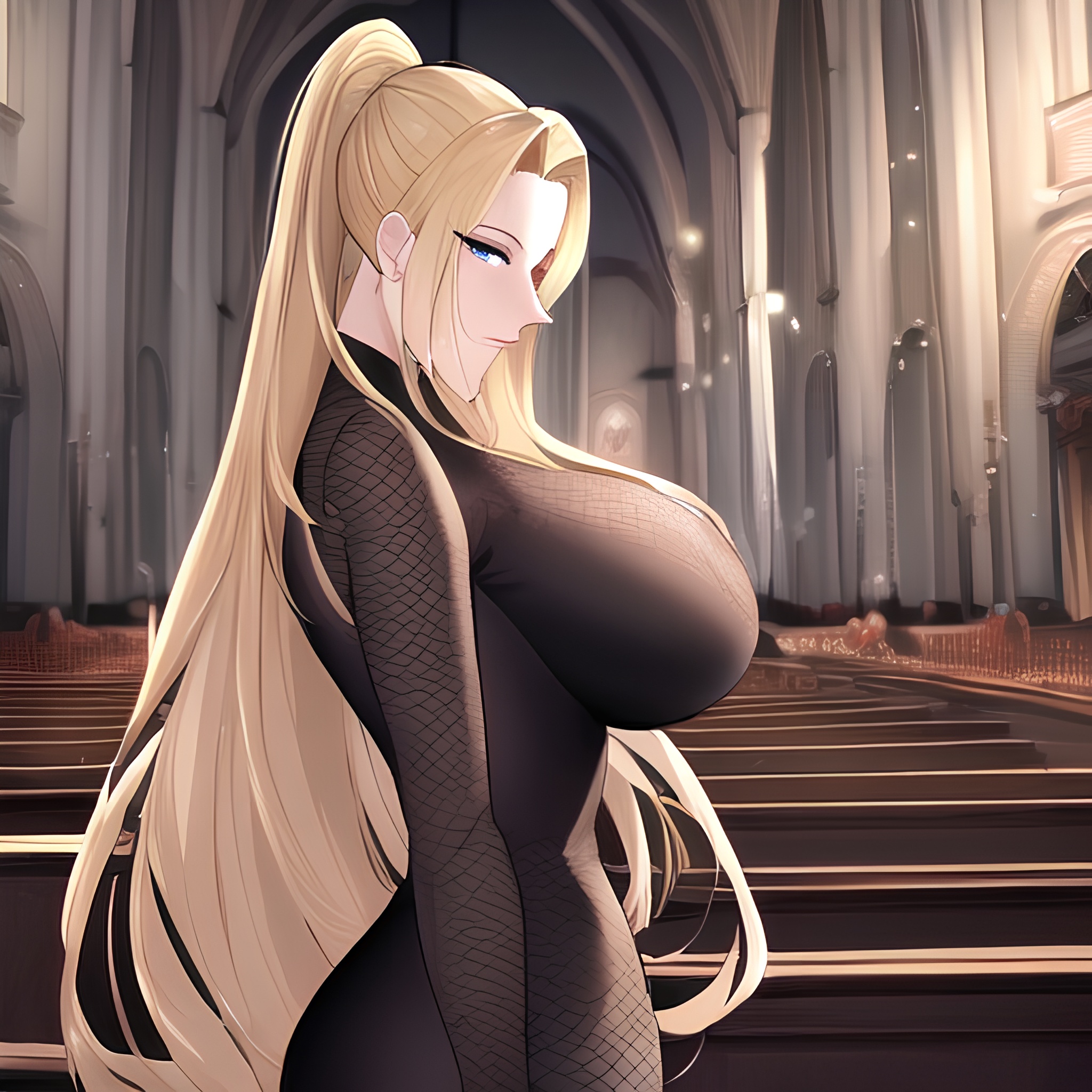 church front view nude blonde small boobs woman long hair fishnet 