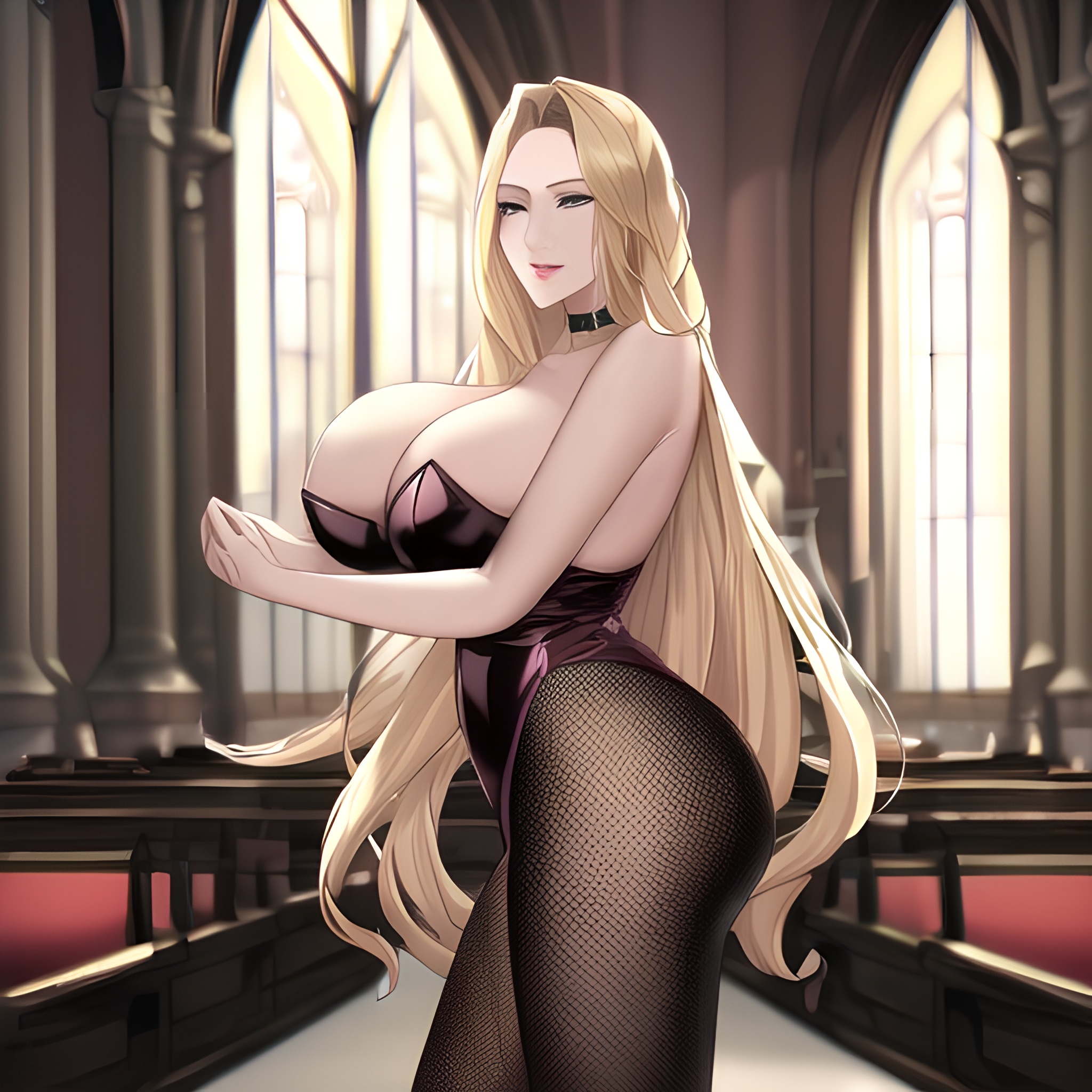 church front view nude fishnet blonde small boobs long hair woman 