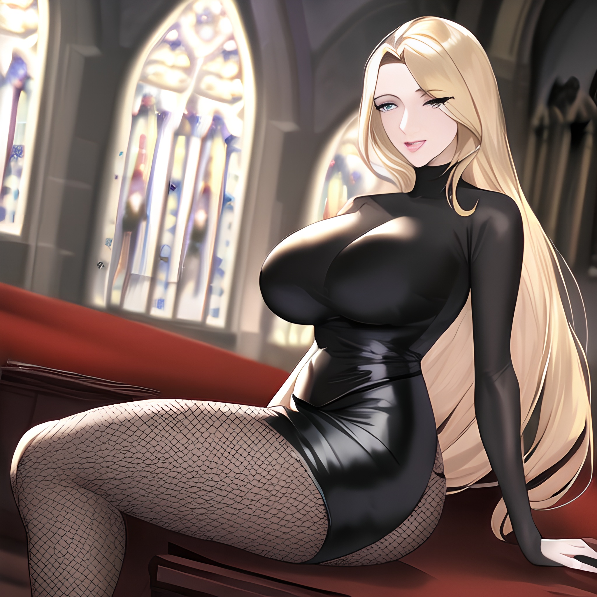 church front view woman blonde long hair small boobs fishnet nude
