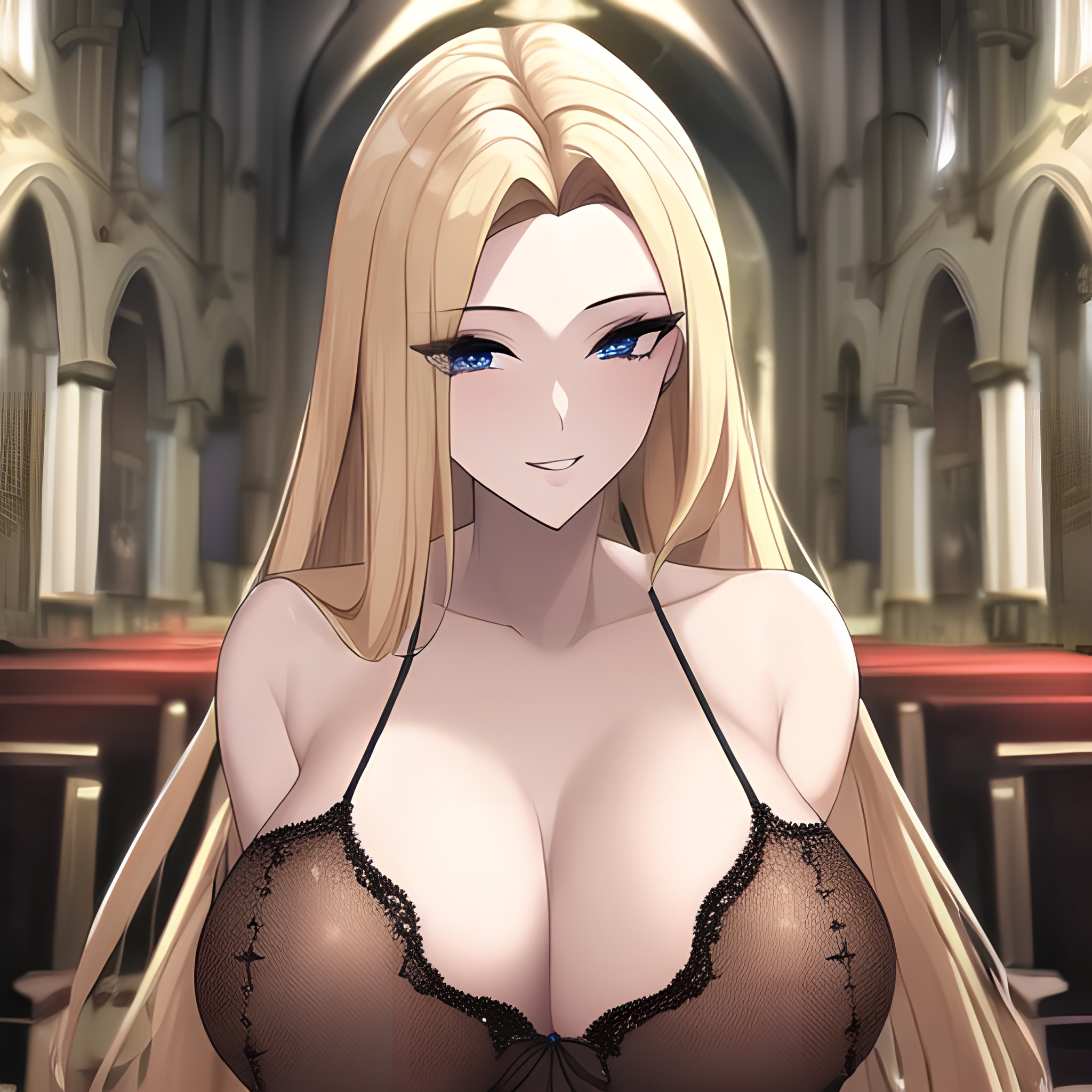 church front view woman long hair blonde small boobs nude fishnet 
