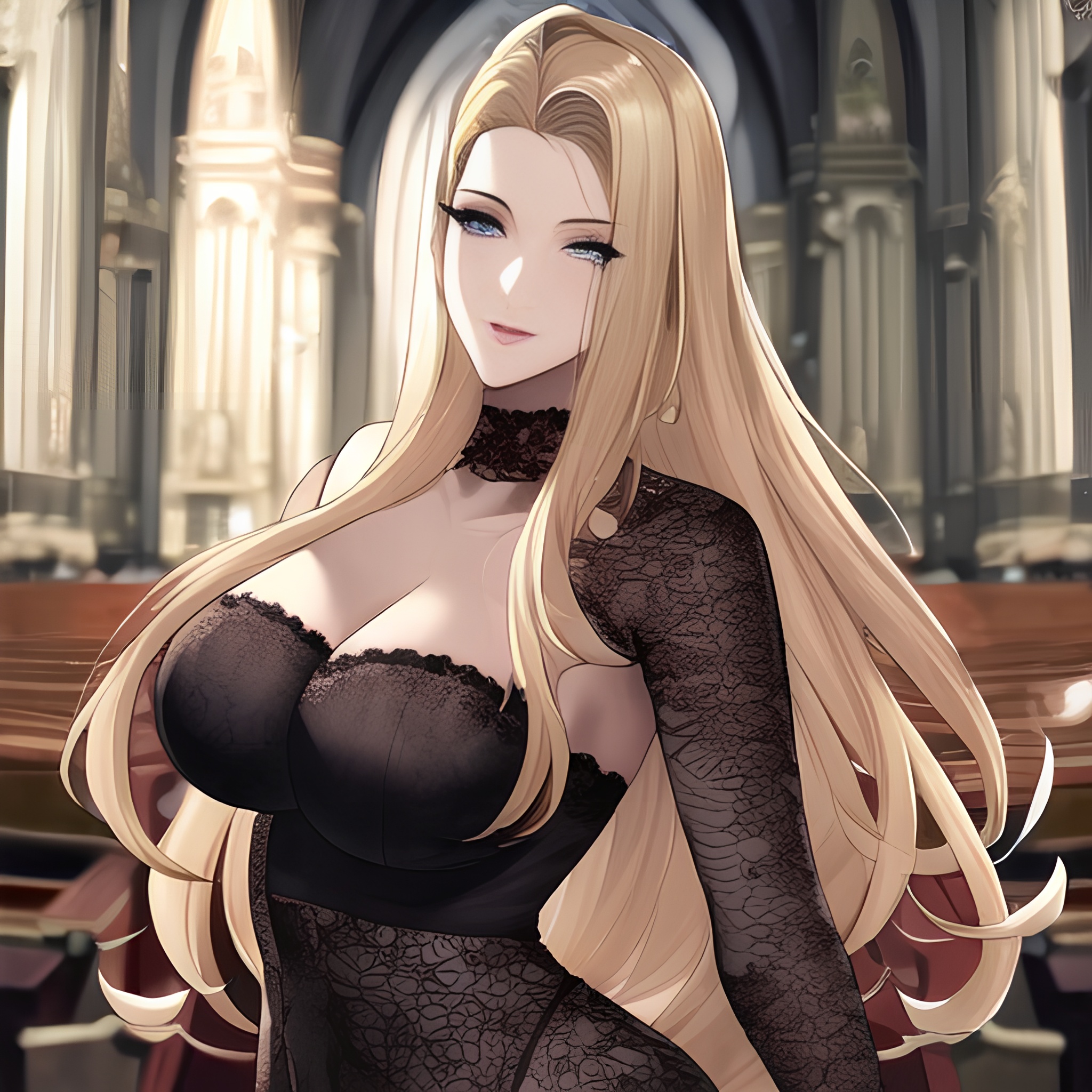 church front view woman long hair fishnet nude small boobs blonde 