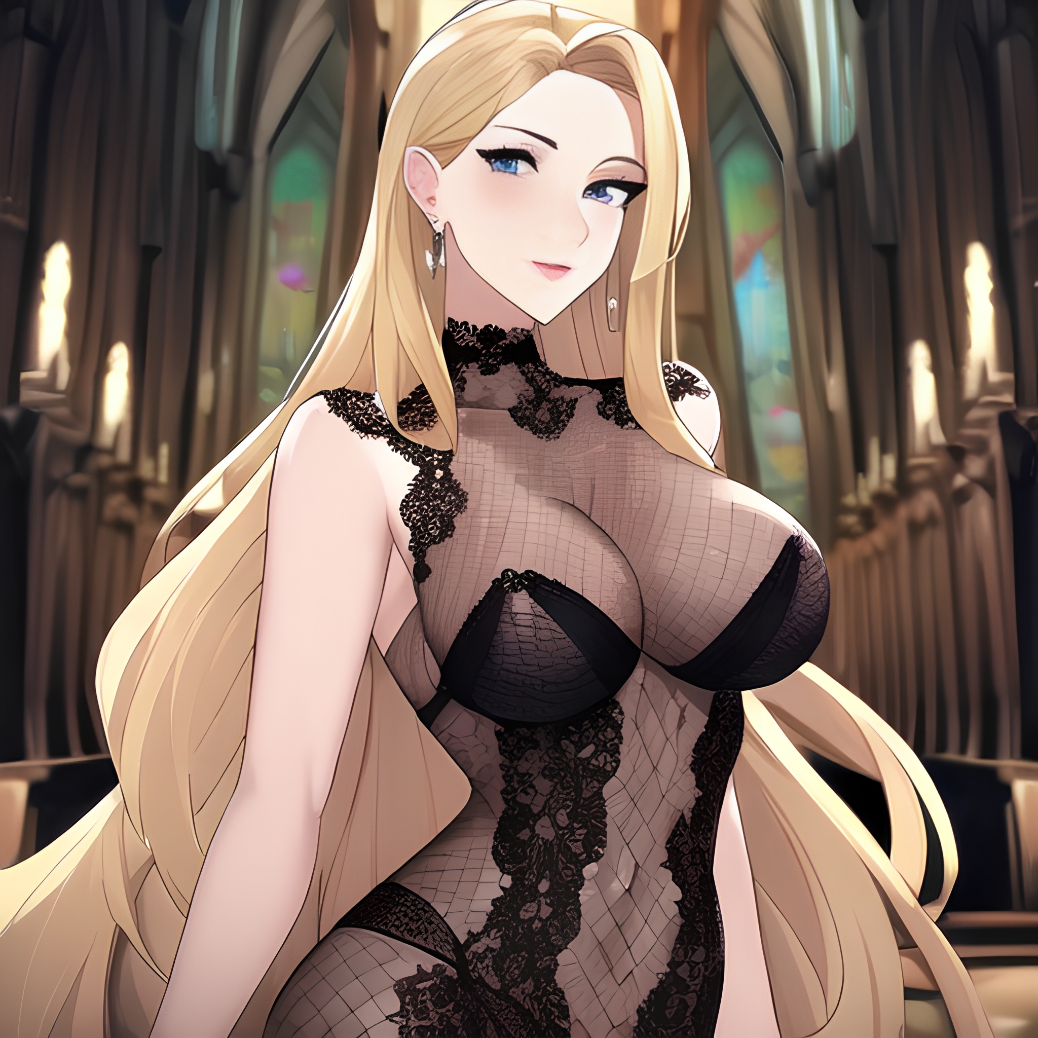 church front view woman nude fishnet long hair blonde small boobs 