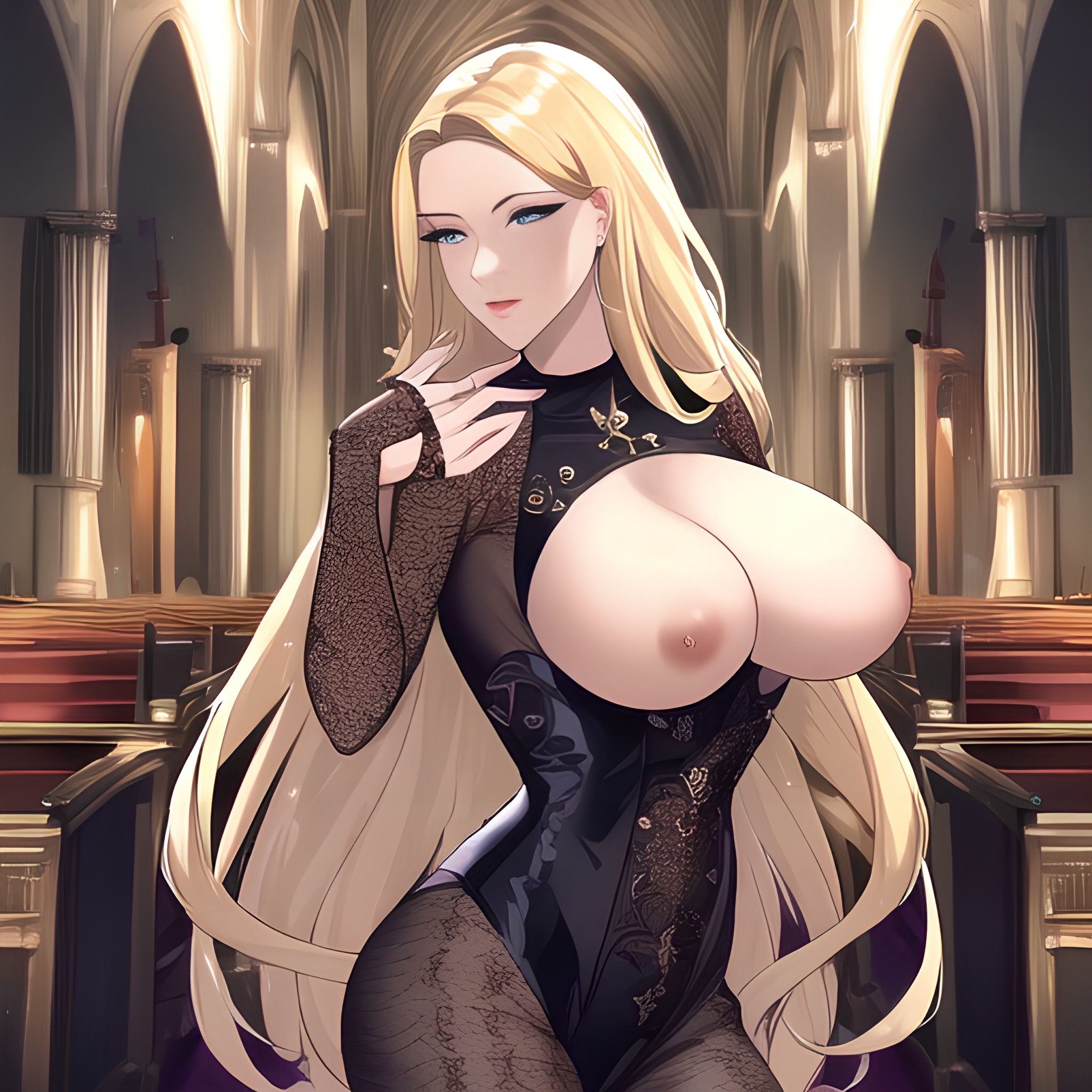 church front view woman nude long hair blonde small boobs fishnet 