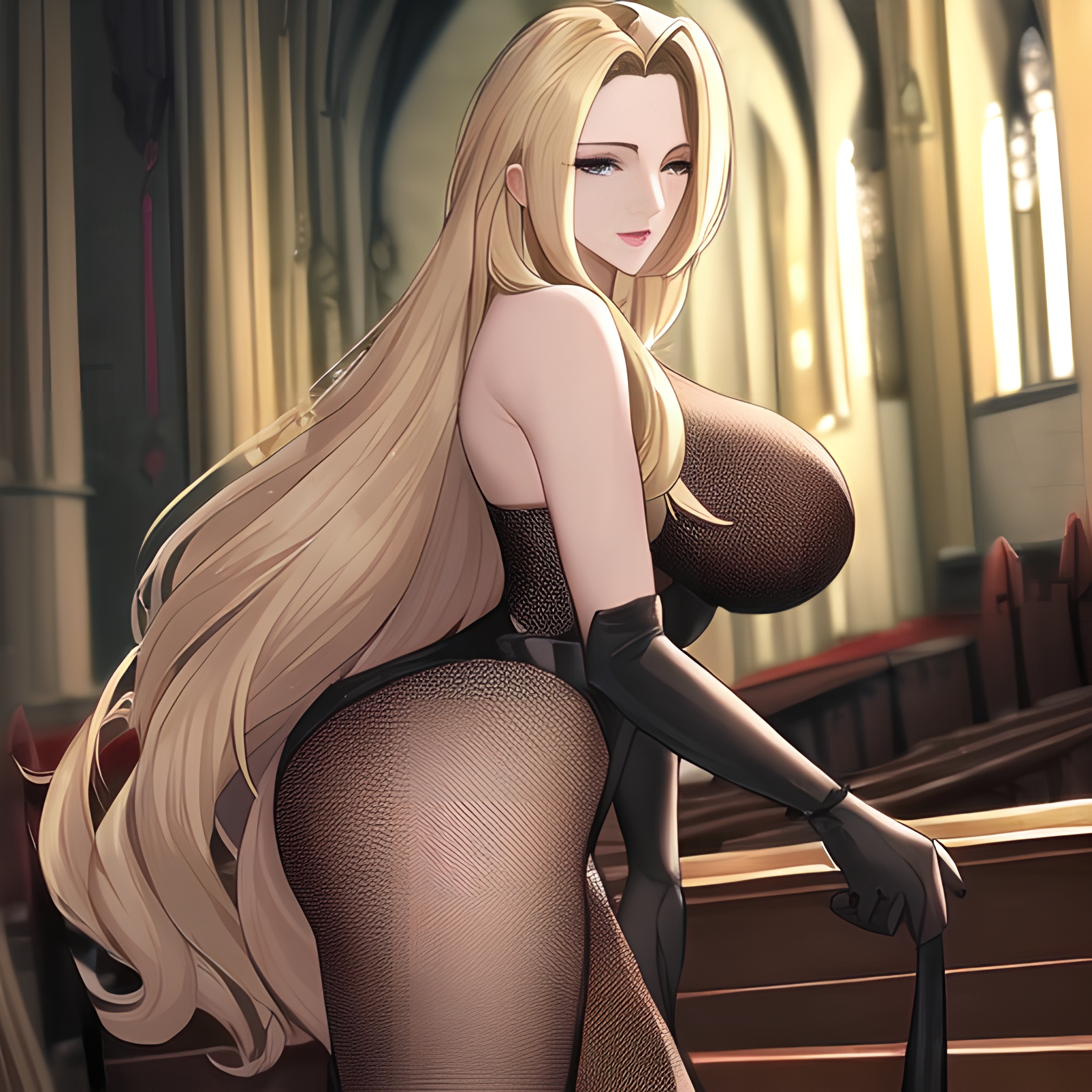 church long hair blonde front view small boobs woman fishnet nude 