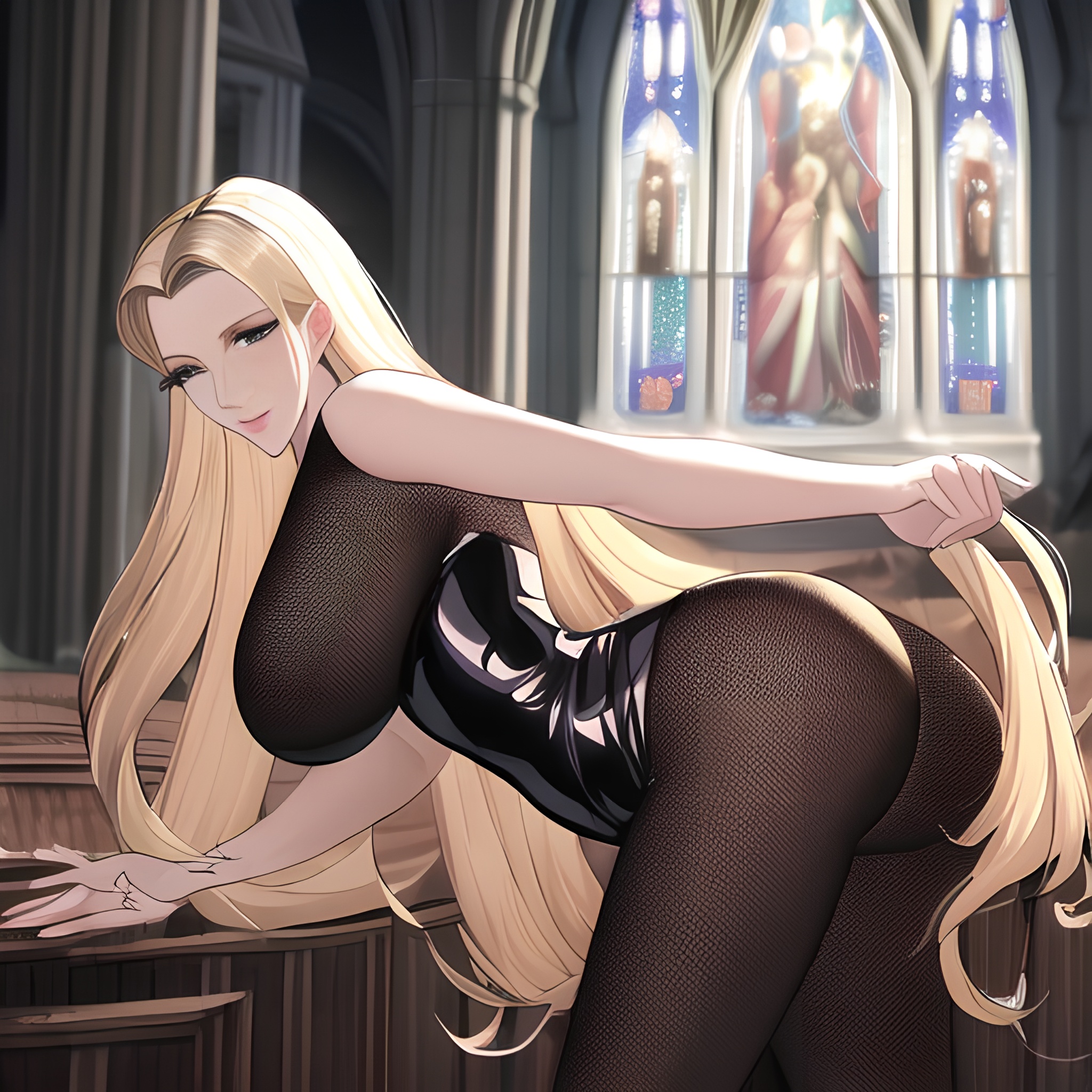 church long hair blonde small boobs nude fishnet woman front view