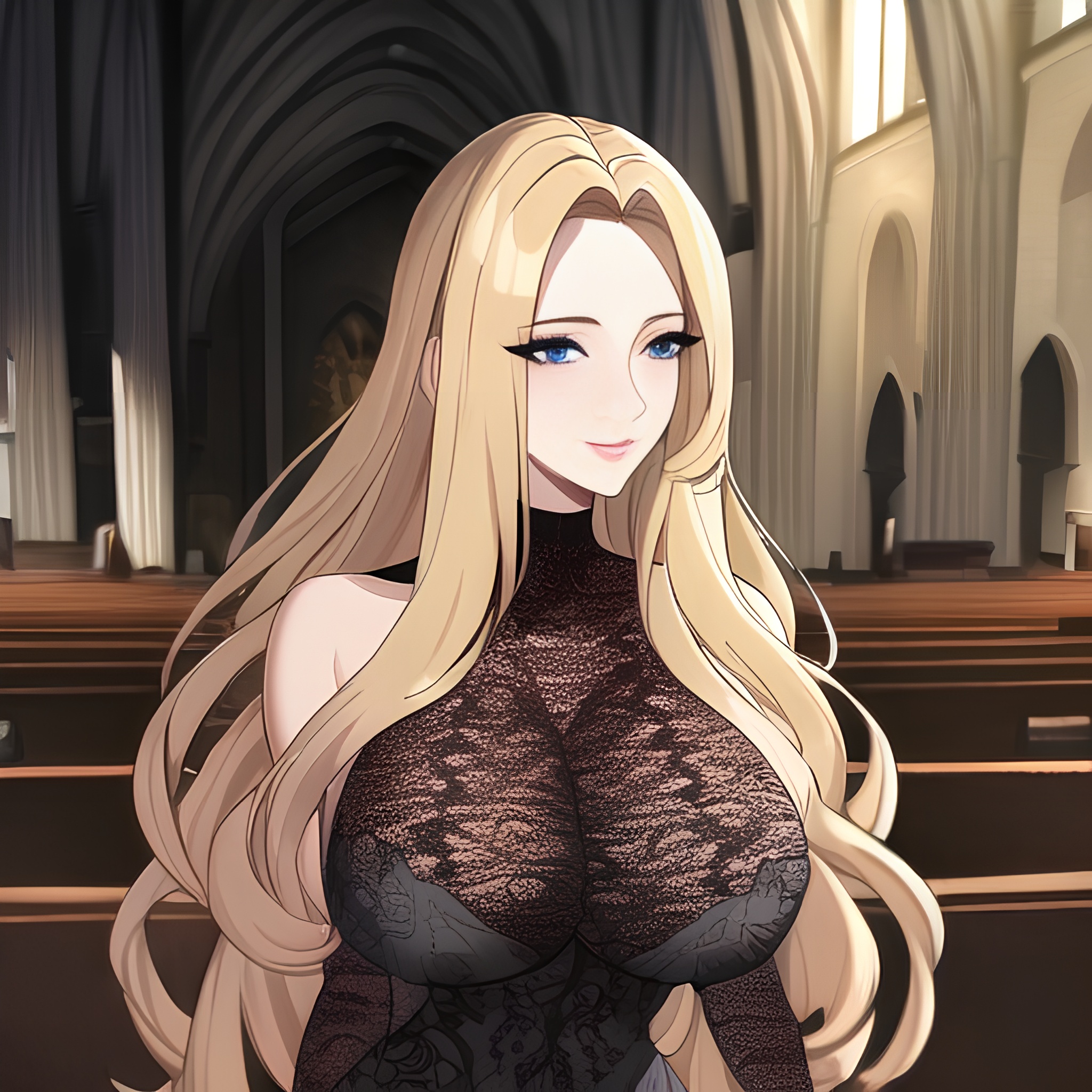 church long hair blonde woman fishnet small boobs nude front view 