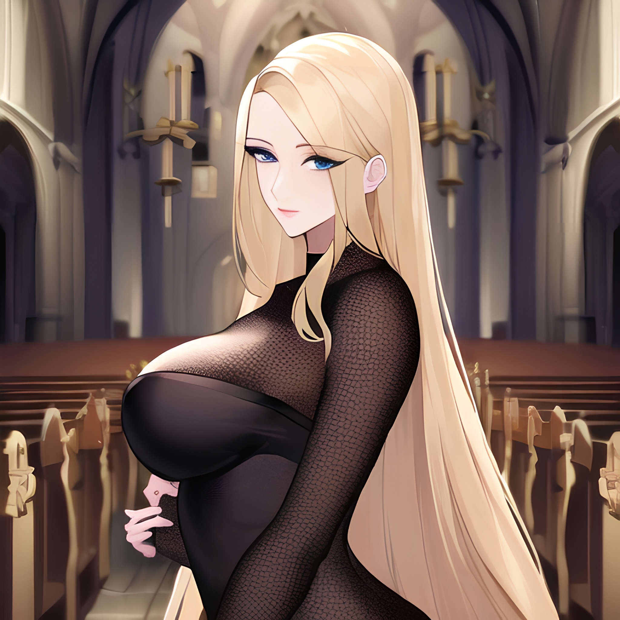 church long hair fishnet blonde woman front view small boobs nude 