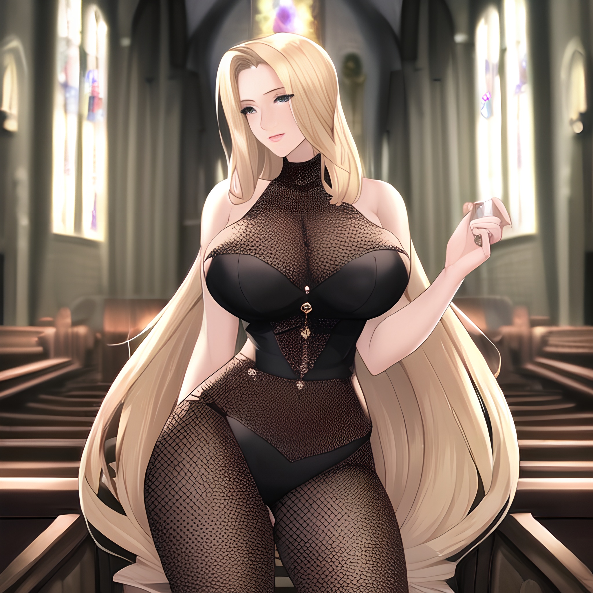 church long hair fishnet nude small boobs blonde front view woman 