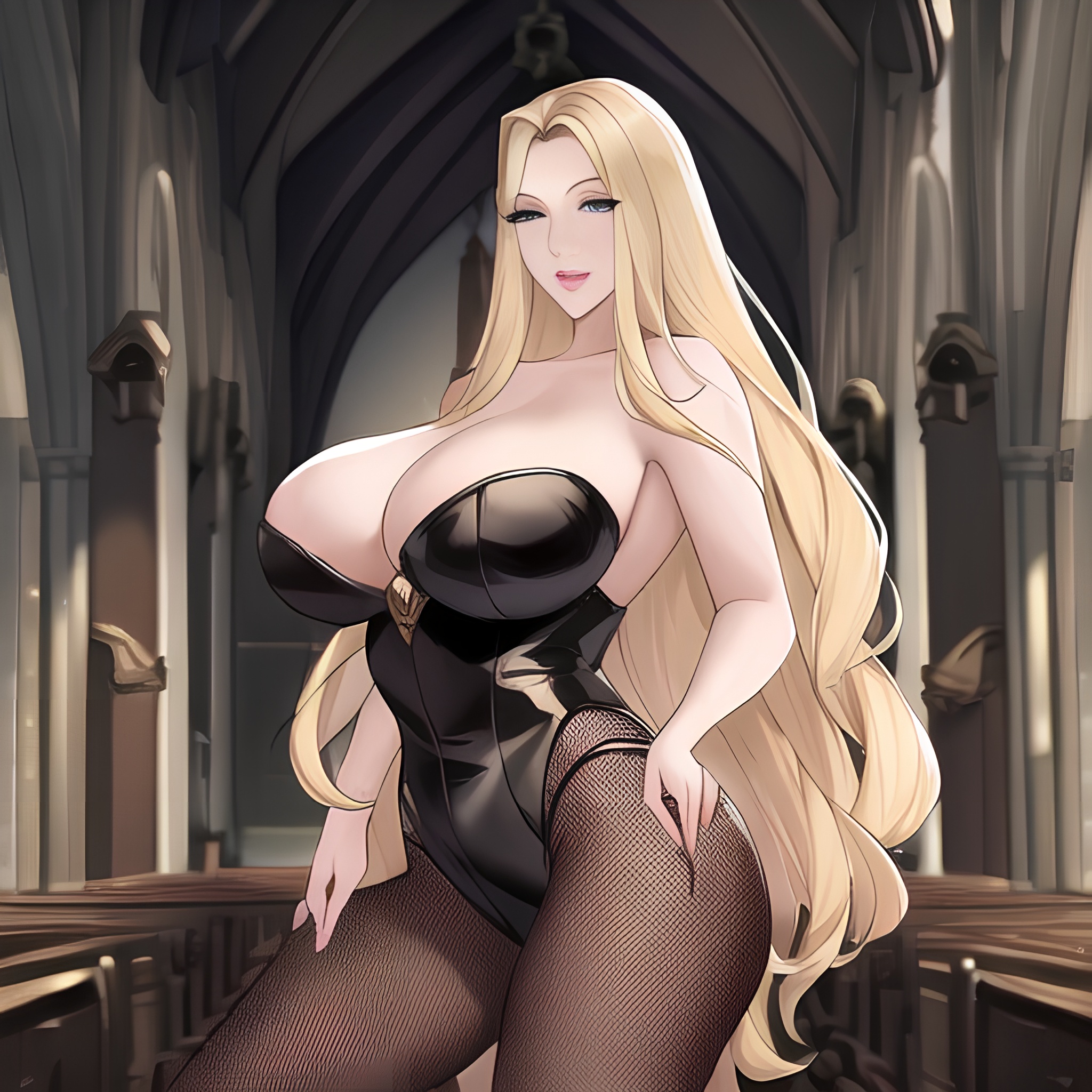 church long hair fishnet small boobs nude front view blonde woman 
