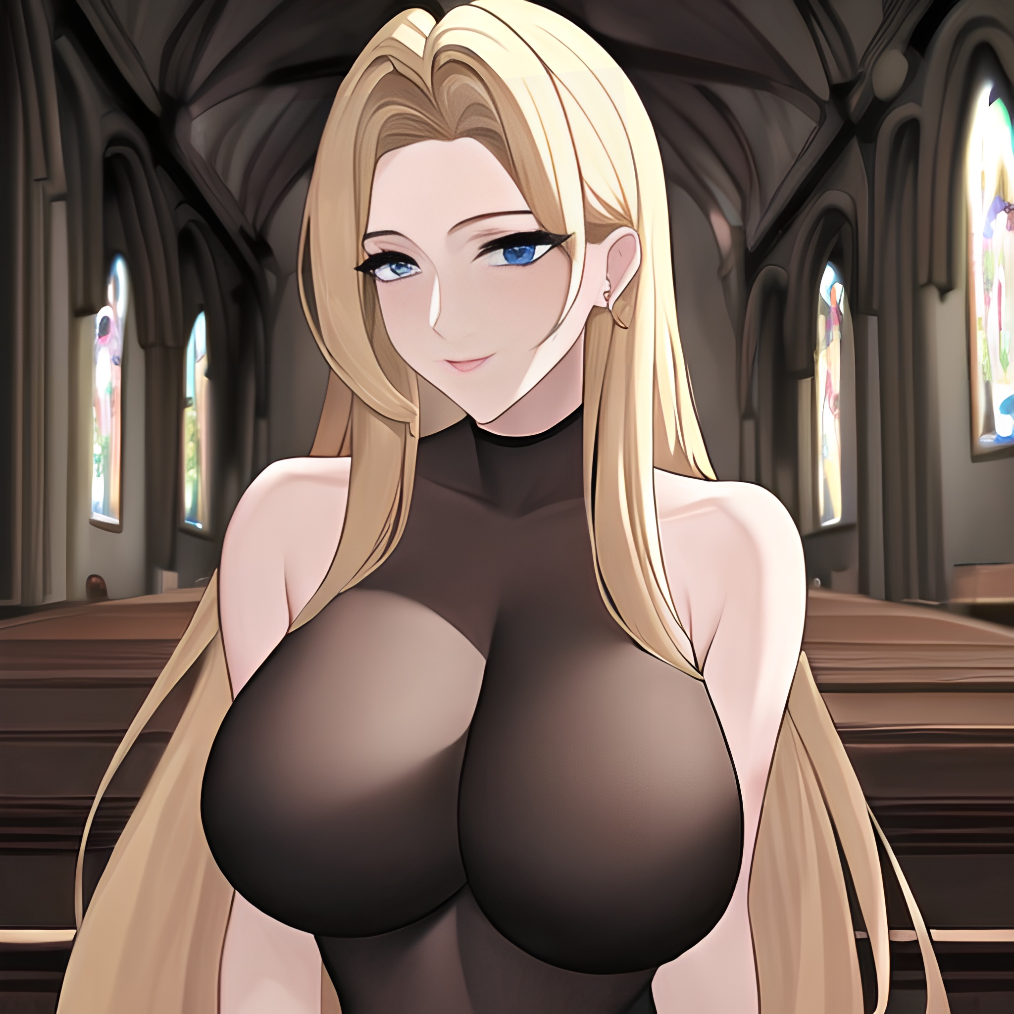 church long hair front view small boobs fishnet woman blonde nude 