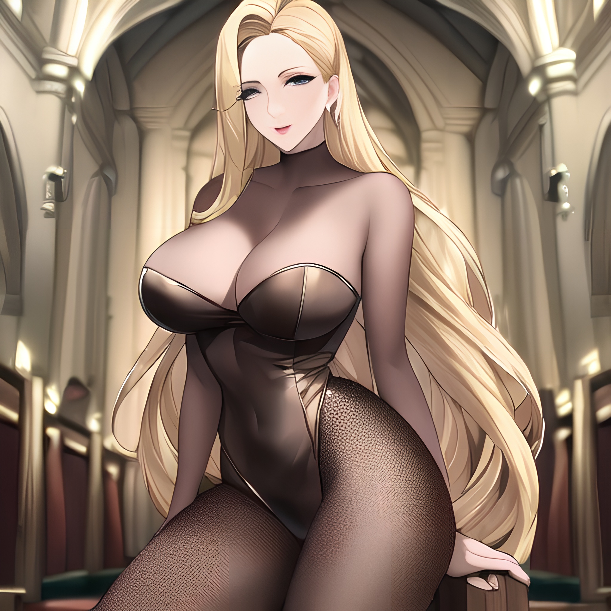 church long hair front view small boobs nude blonde woman fishnet 