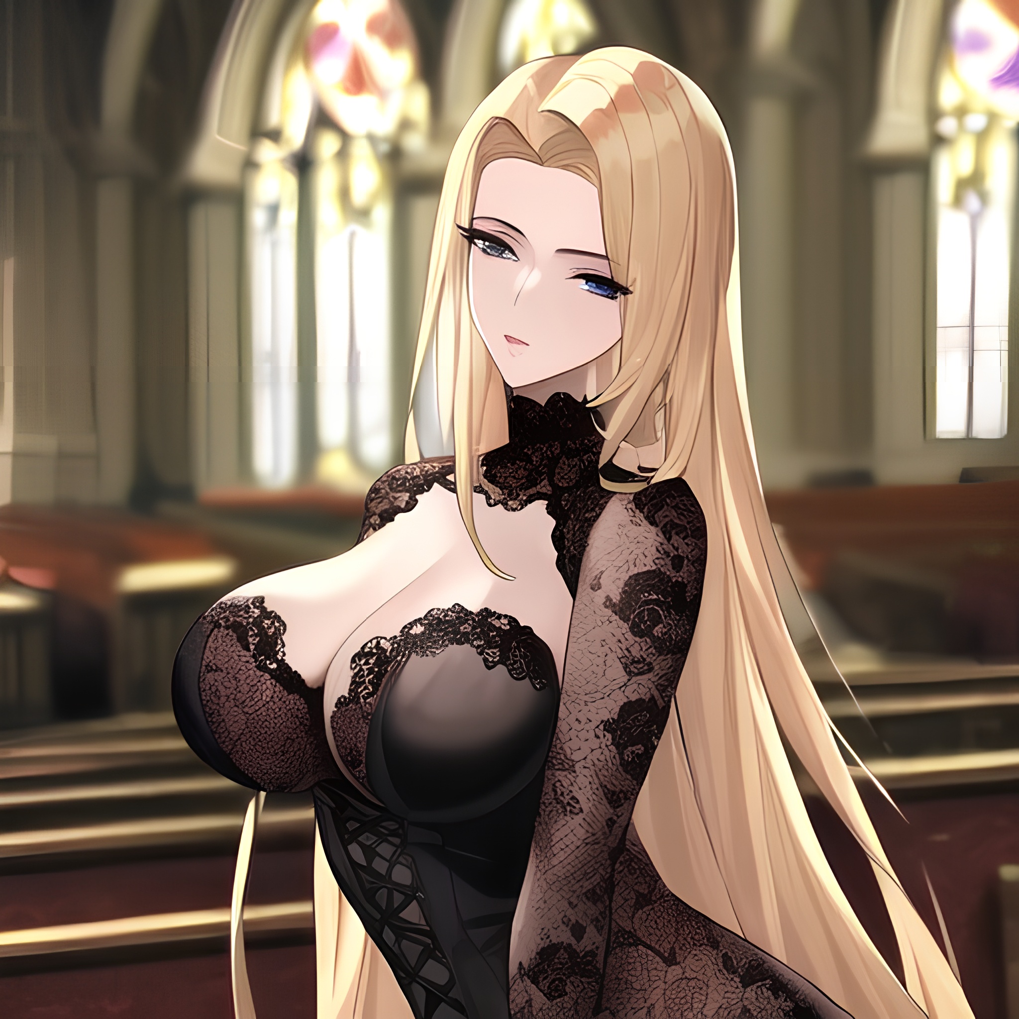 church long hair front view woman small boobs nude fishnet blonde