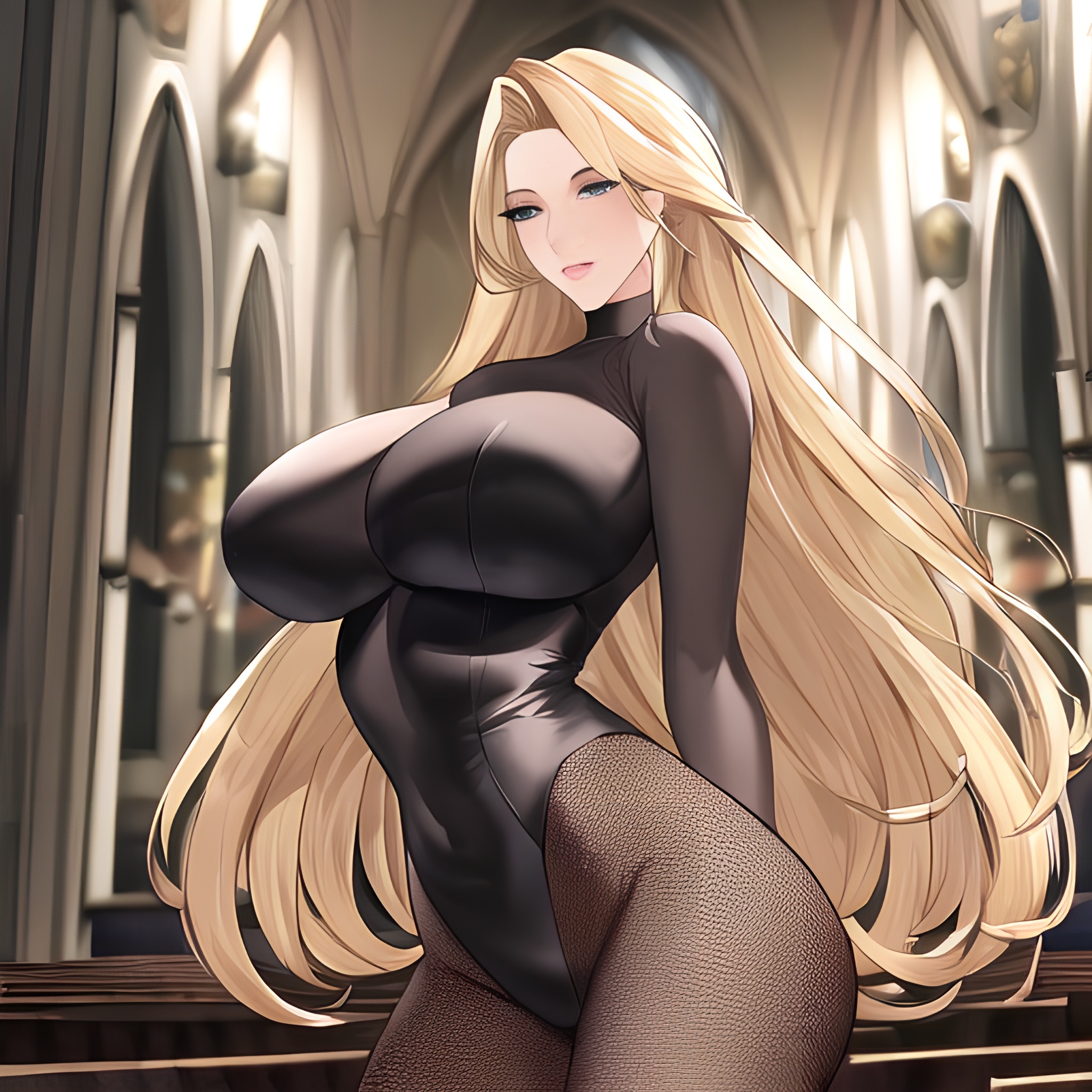 church long hair nude fishnet small boobs woman front view blonde 