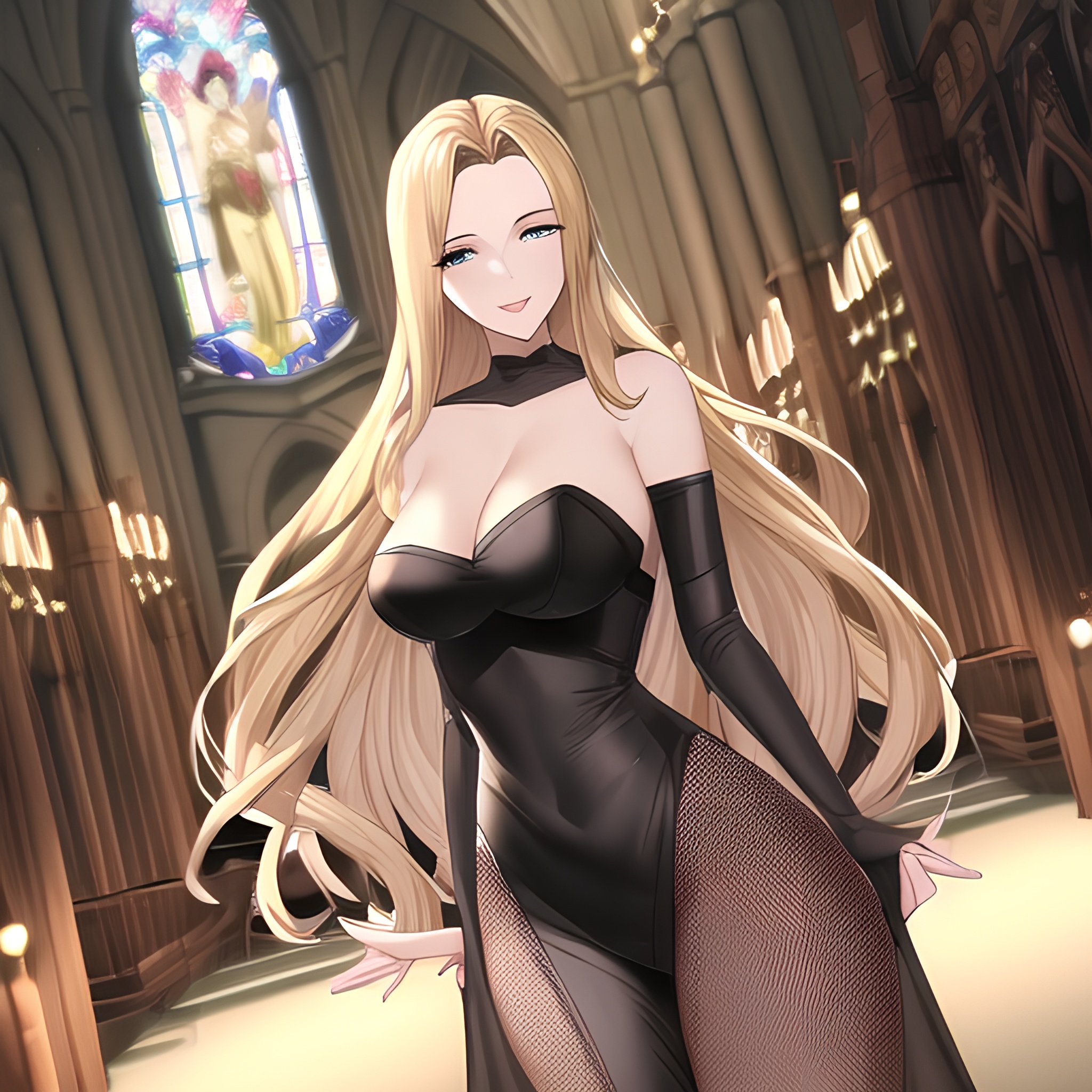 church long hair nude fishnet woman front view small boobs blonde 