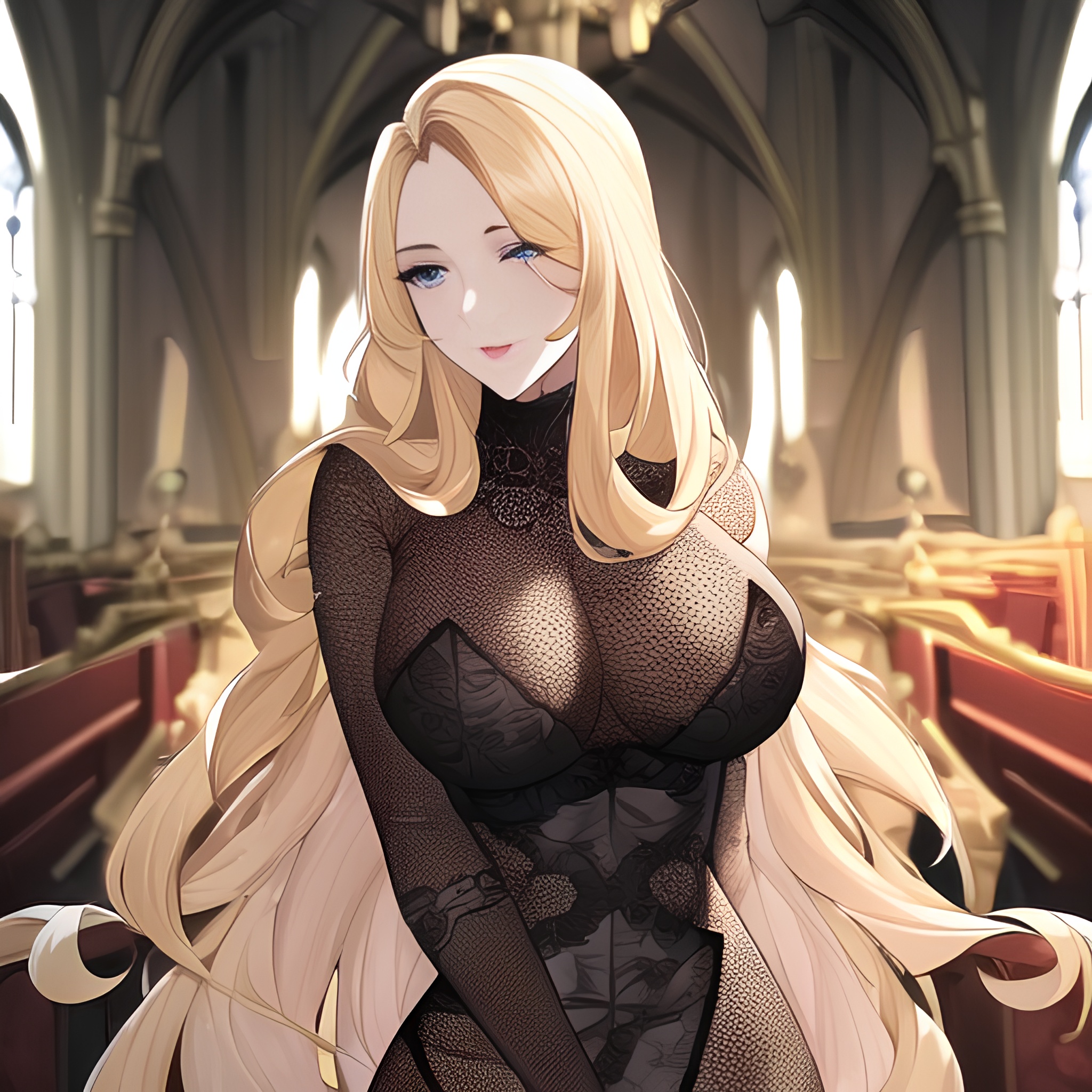 church long hair small boobs blonde fishnet woman nude front view 