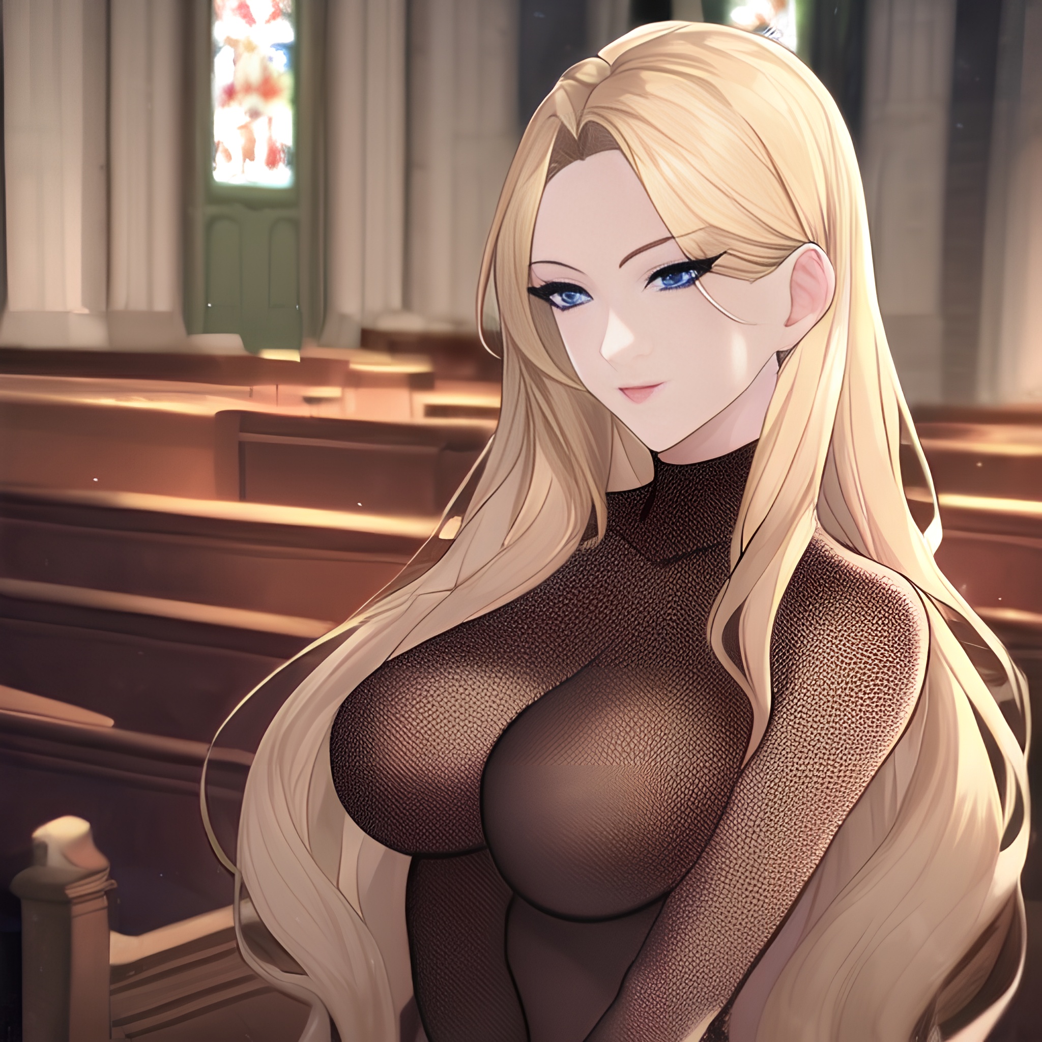 church long hair small boobs nude front view woman fishnet blonde 