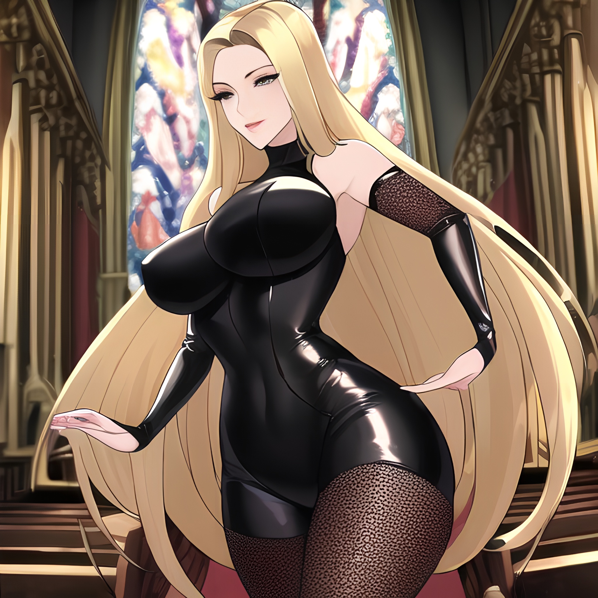 church long hair woman front view fishnet nude small boobs blonde