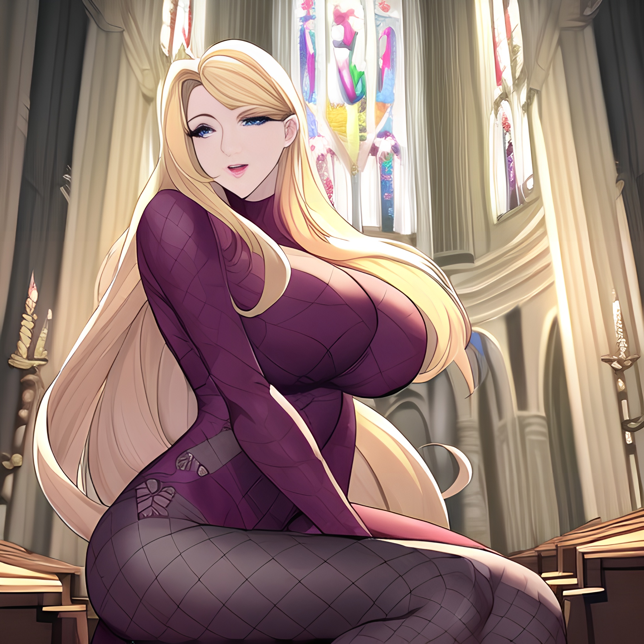 church nude blonde long hair woman fishnet front view small boobs 