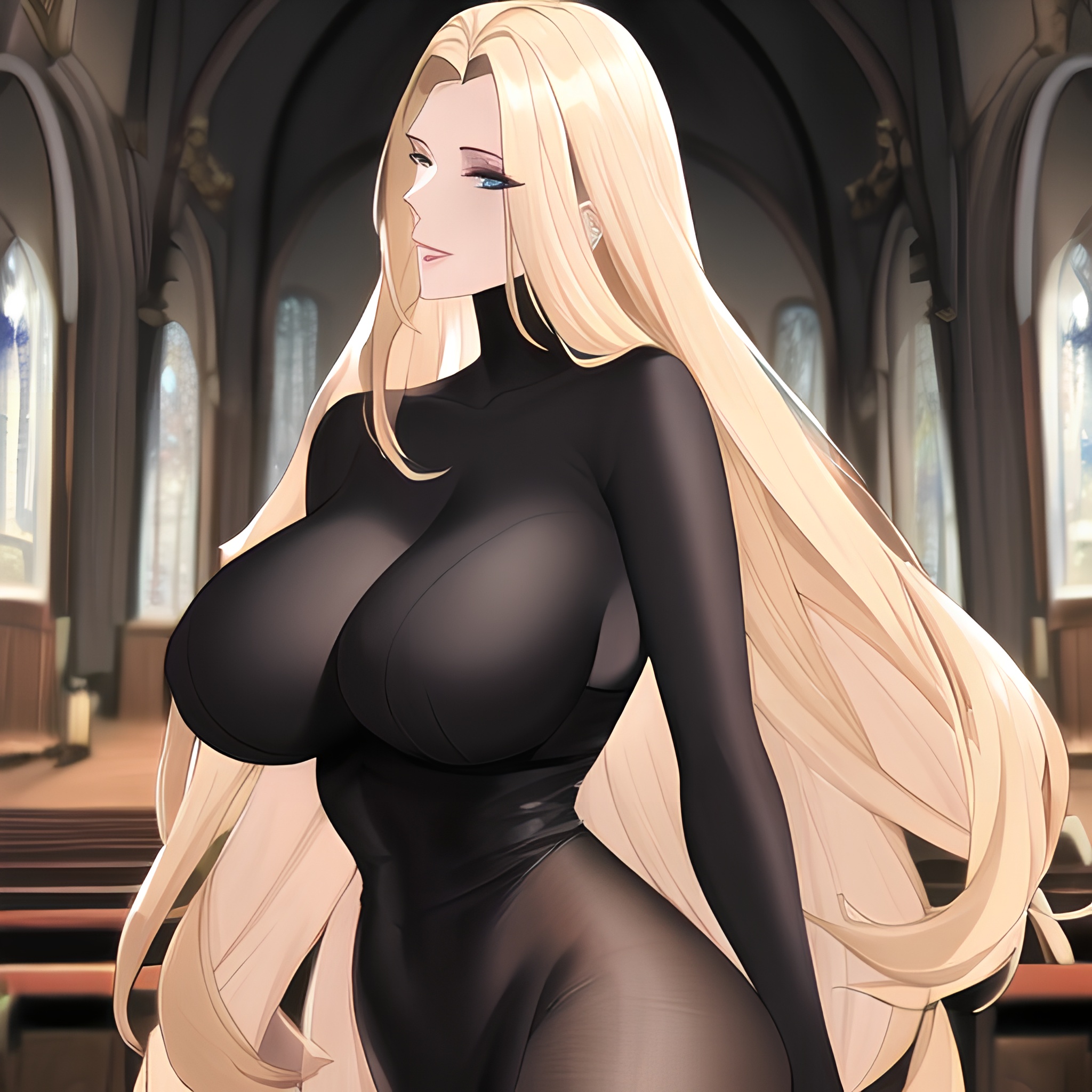 church nude blonde small boobs fishnet front view woman long hair 