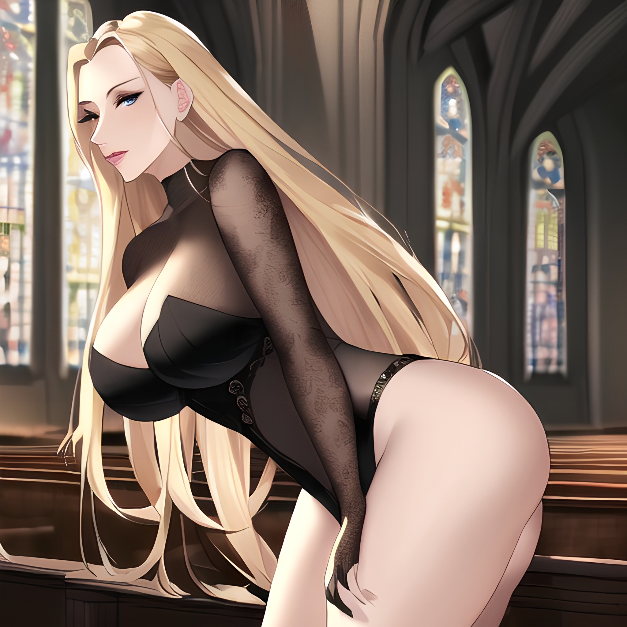 church nude front view blonde long hair fishnet woman small boobs 