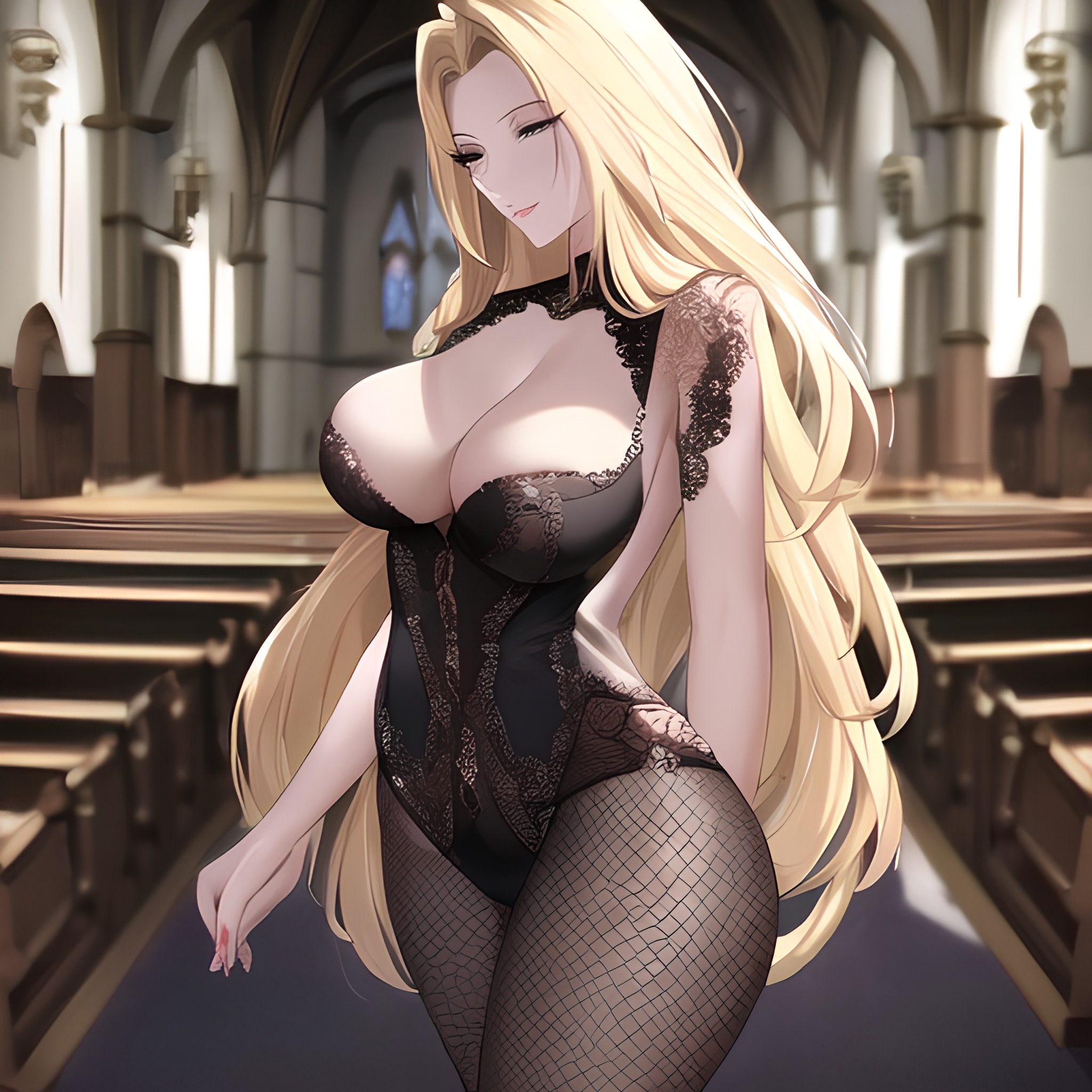 church nude long hair woman small boobs fishnet blonde front view 