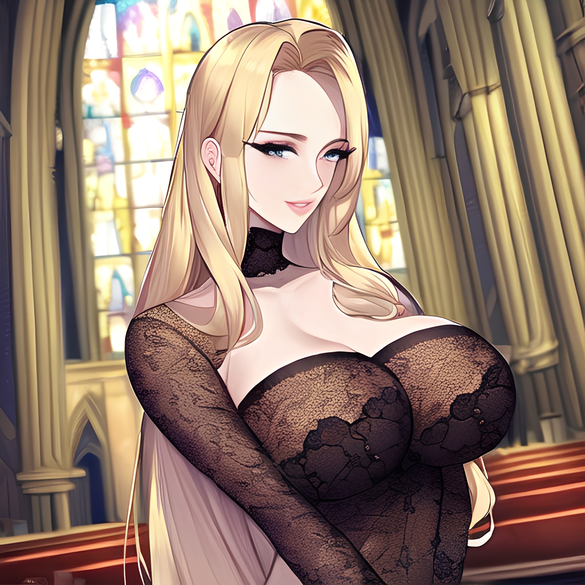 church nude small boobs fishnet long hair blonde front view woman 