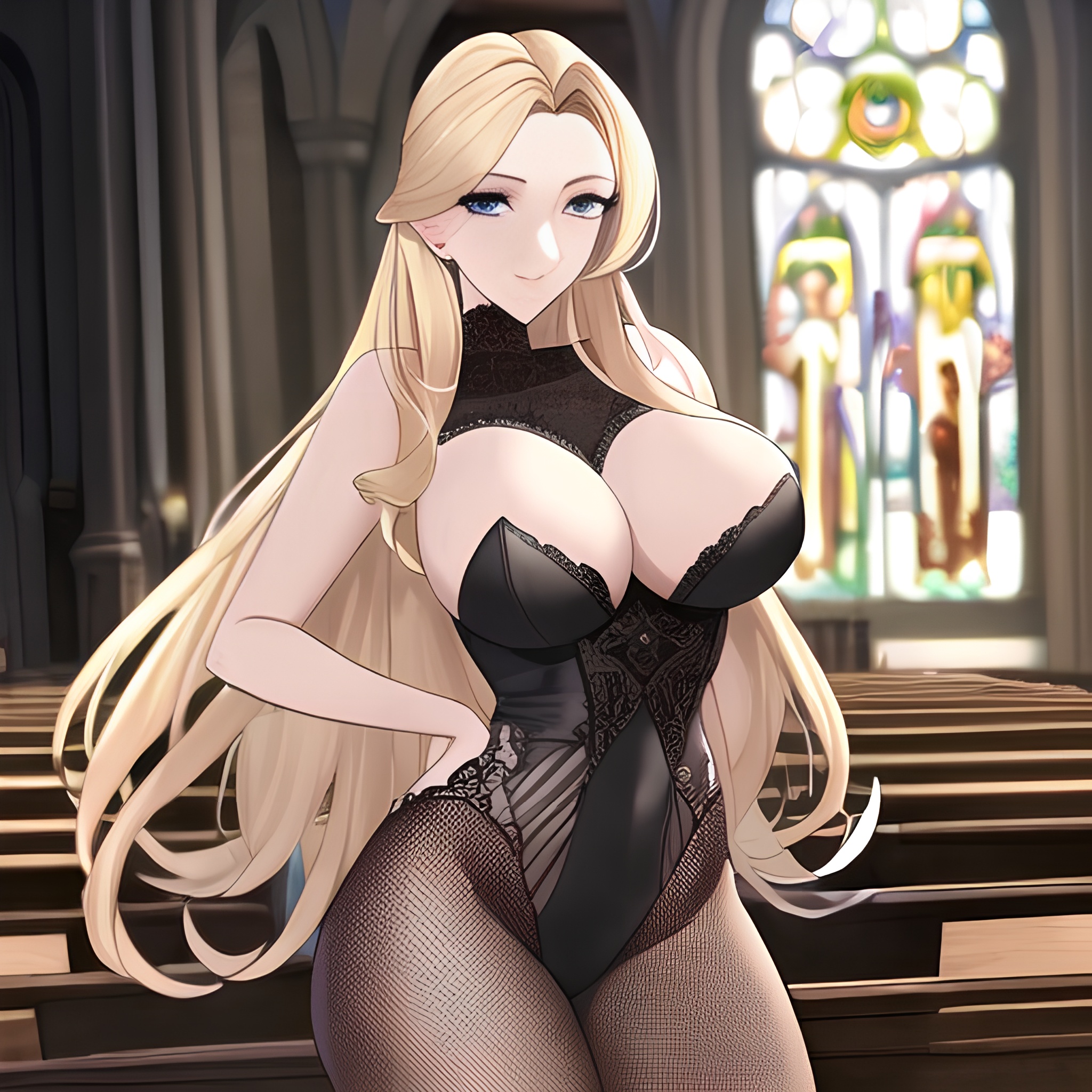 church nude woman blonde long hair front view small boobs fishnet 