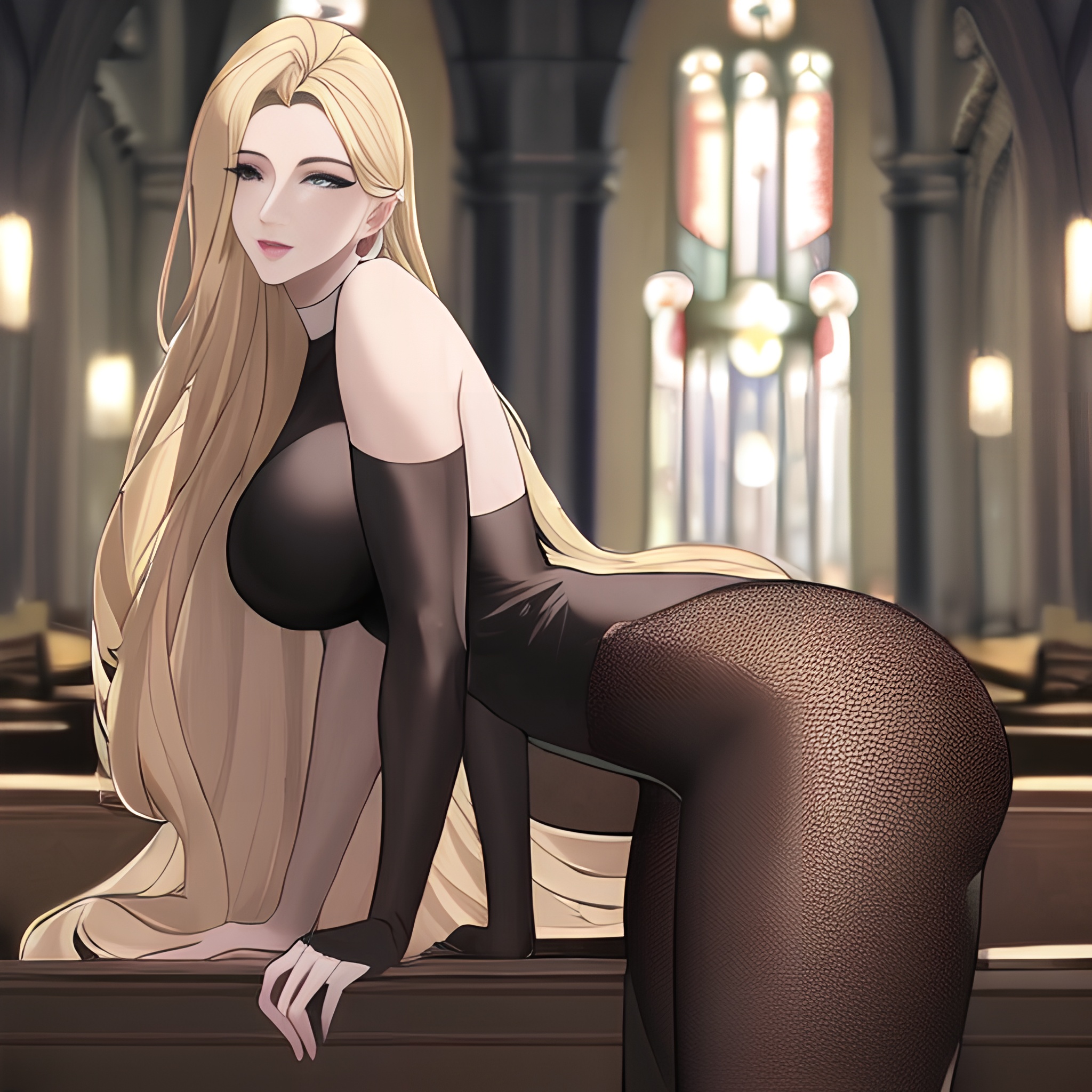 church nude woman blonde small boobs long hair front view fishnet 