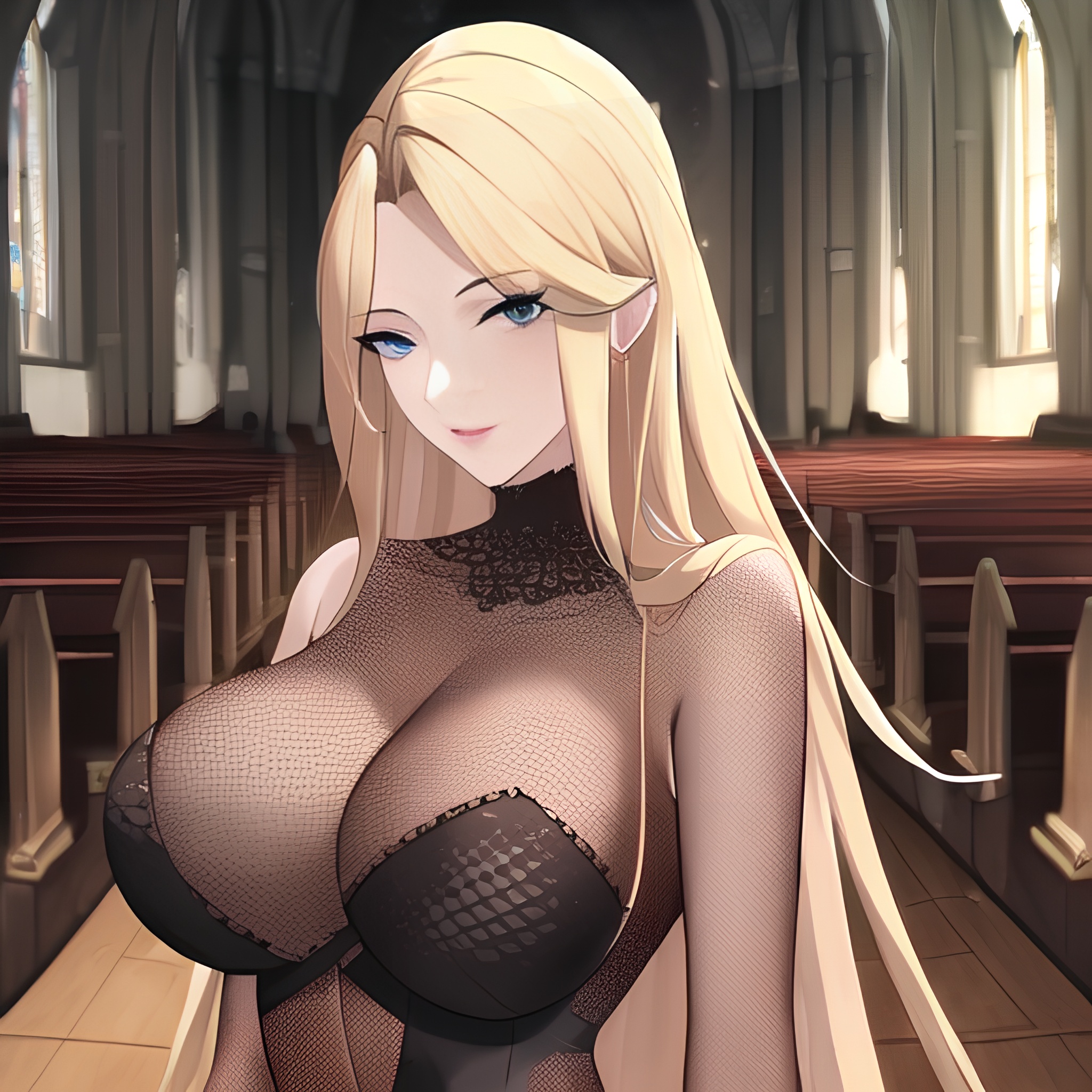 church nude woman front view blonde long hair small boobs fishnet