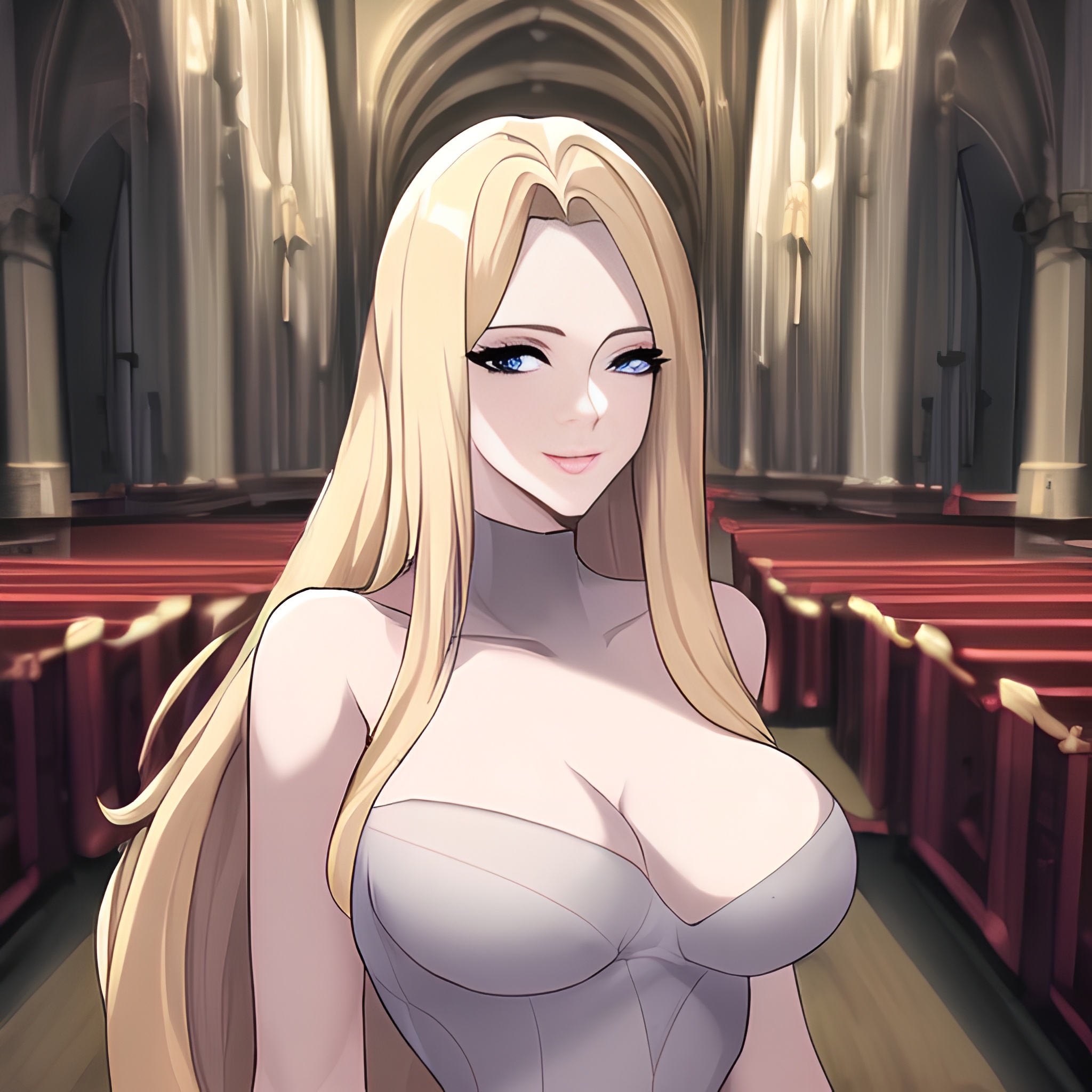 church nude woman small boobs front view fishnet blonde long hair 