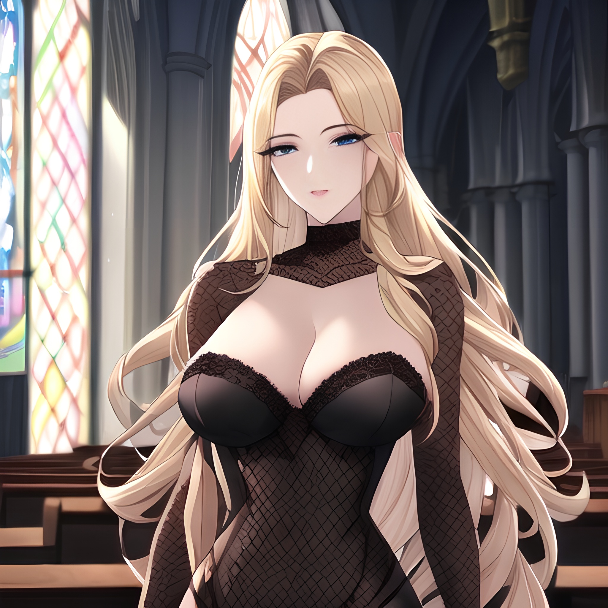 church small boobs blonde long hair nude fishnet front view woman 
