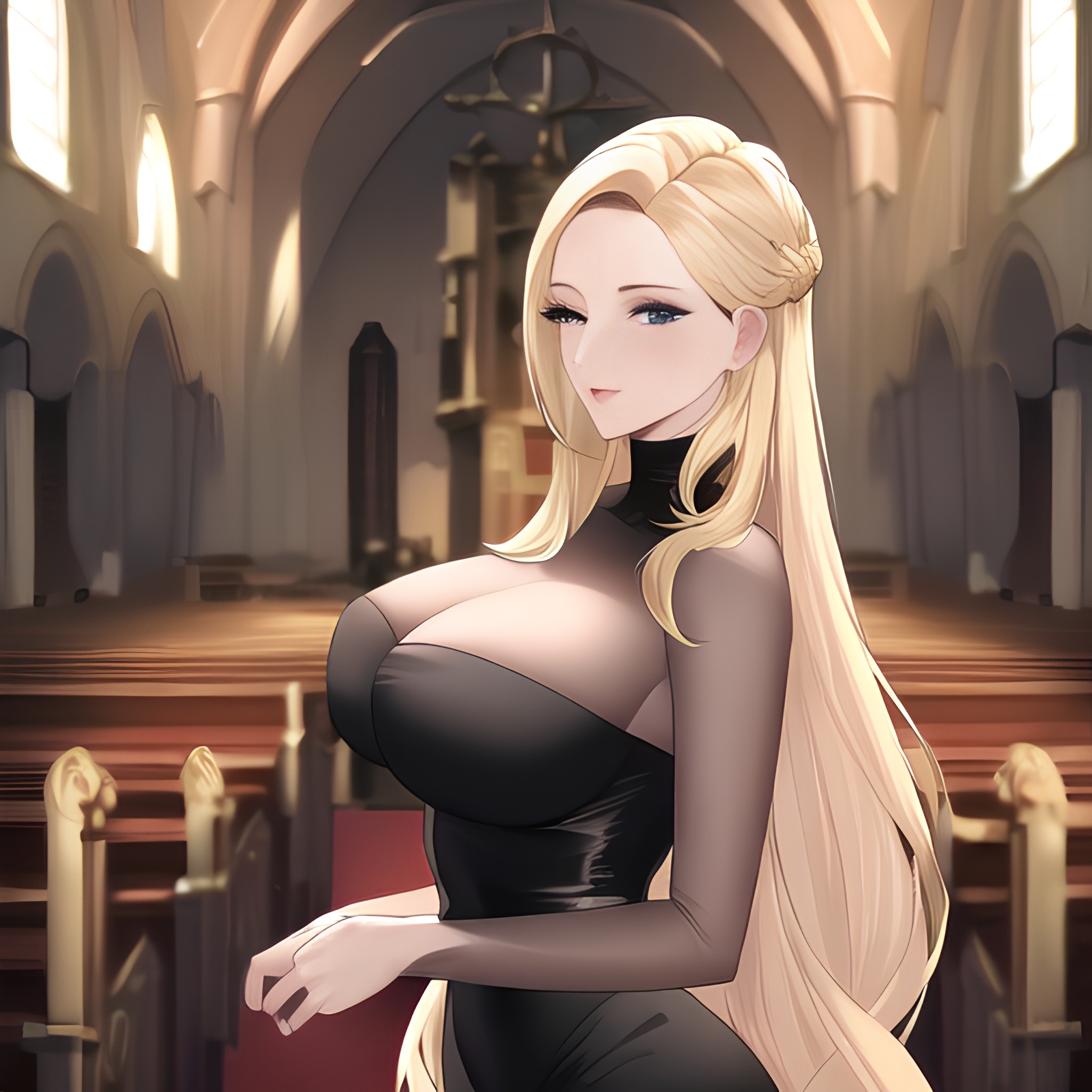 church small boobs blonde nude long hair fishnet front view woman 